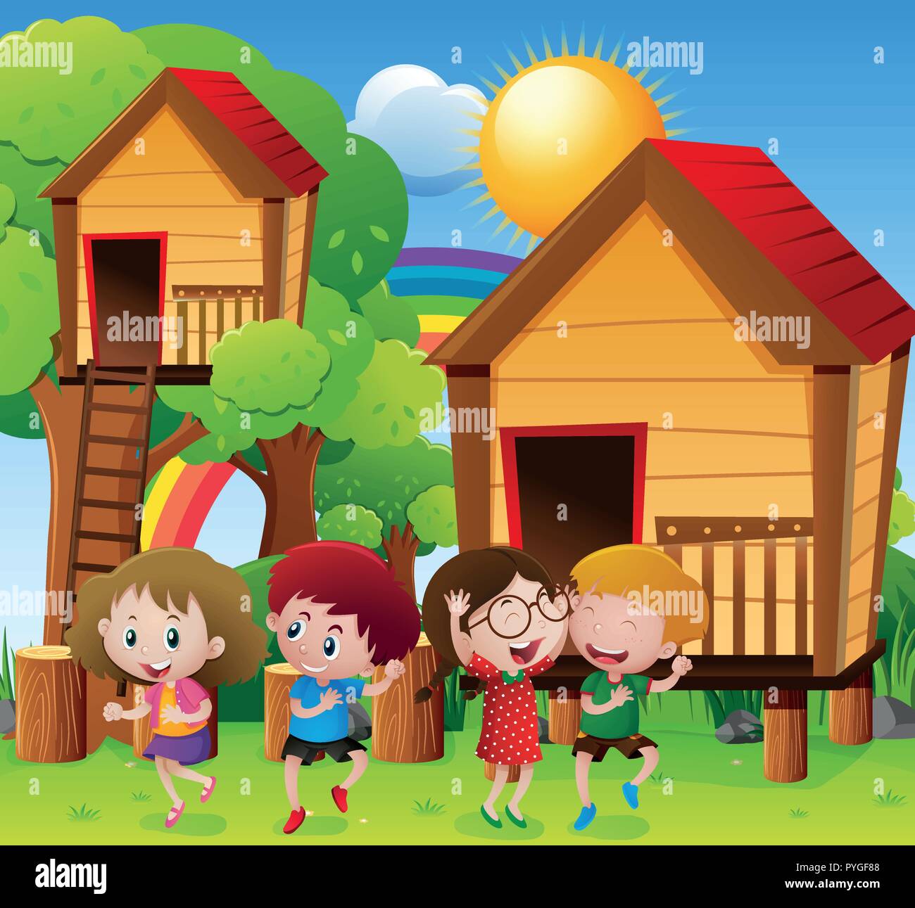 Children playing by the treehouse illustration Stock Vector Image & Art ...