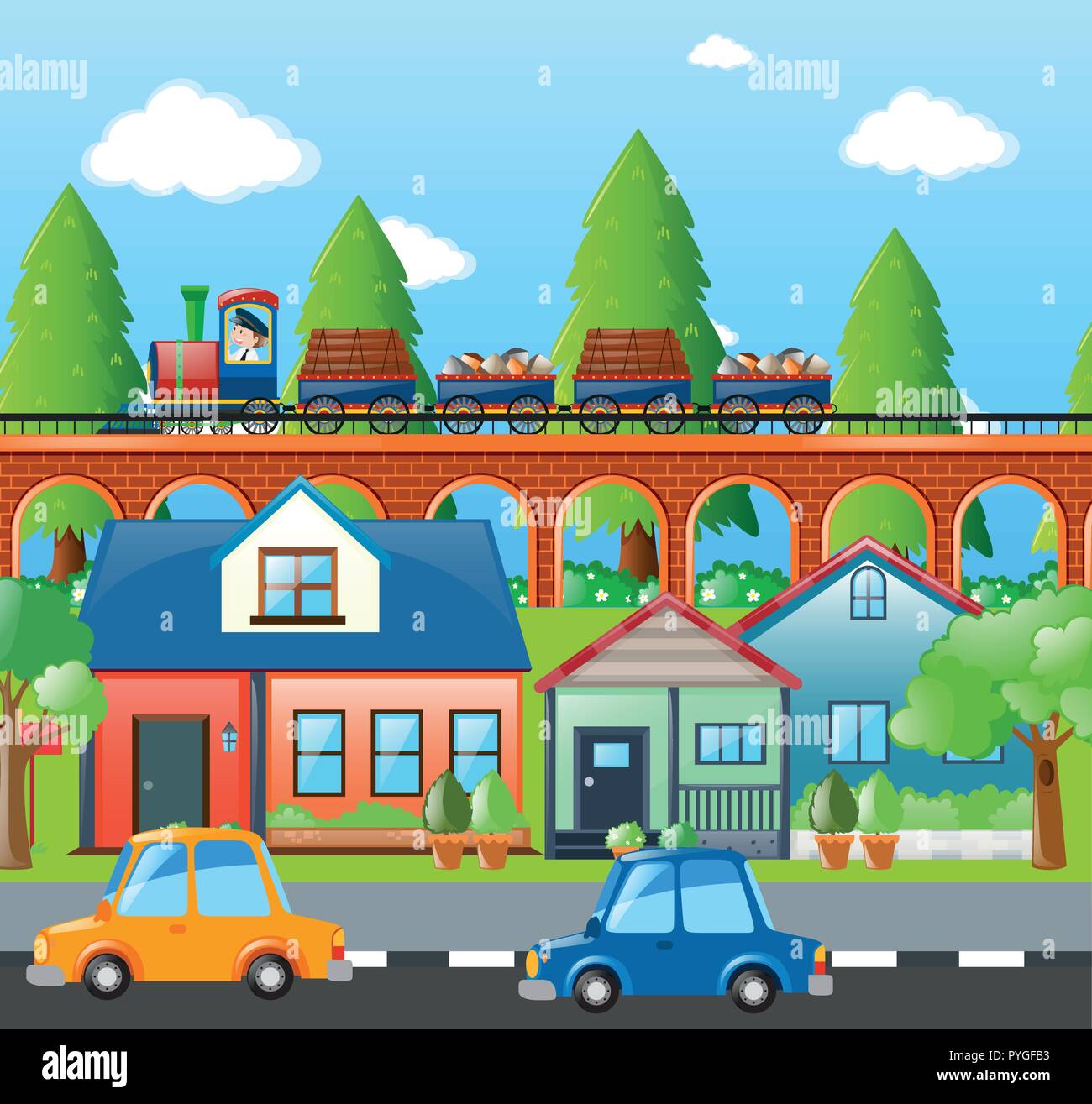 City scene with cars and train illustration Stock Vector Image & Art Alamy