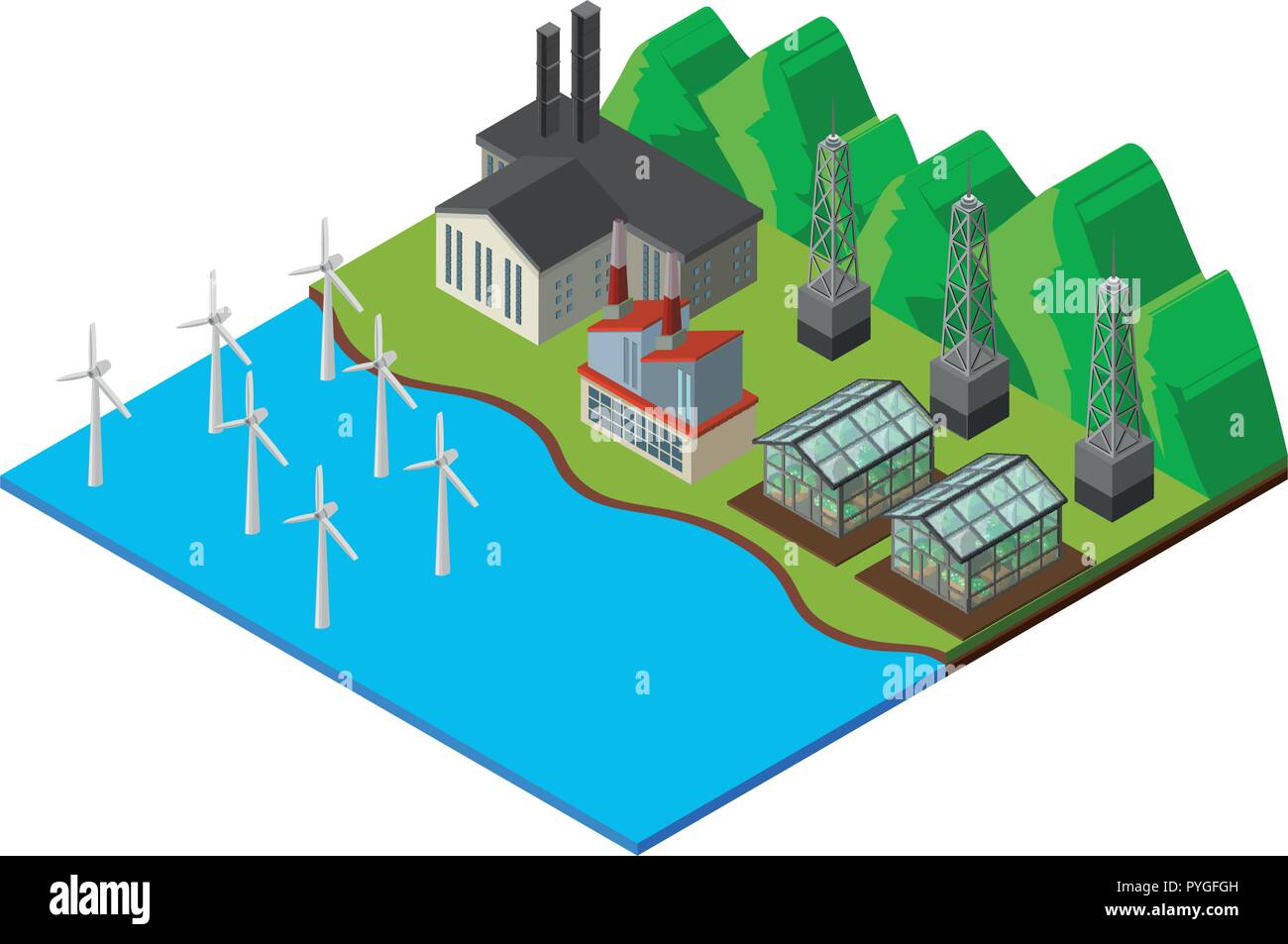 Wind turbines and greenhouse in the field illustration Stock Vector ...