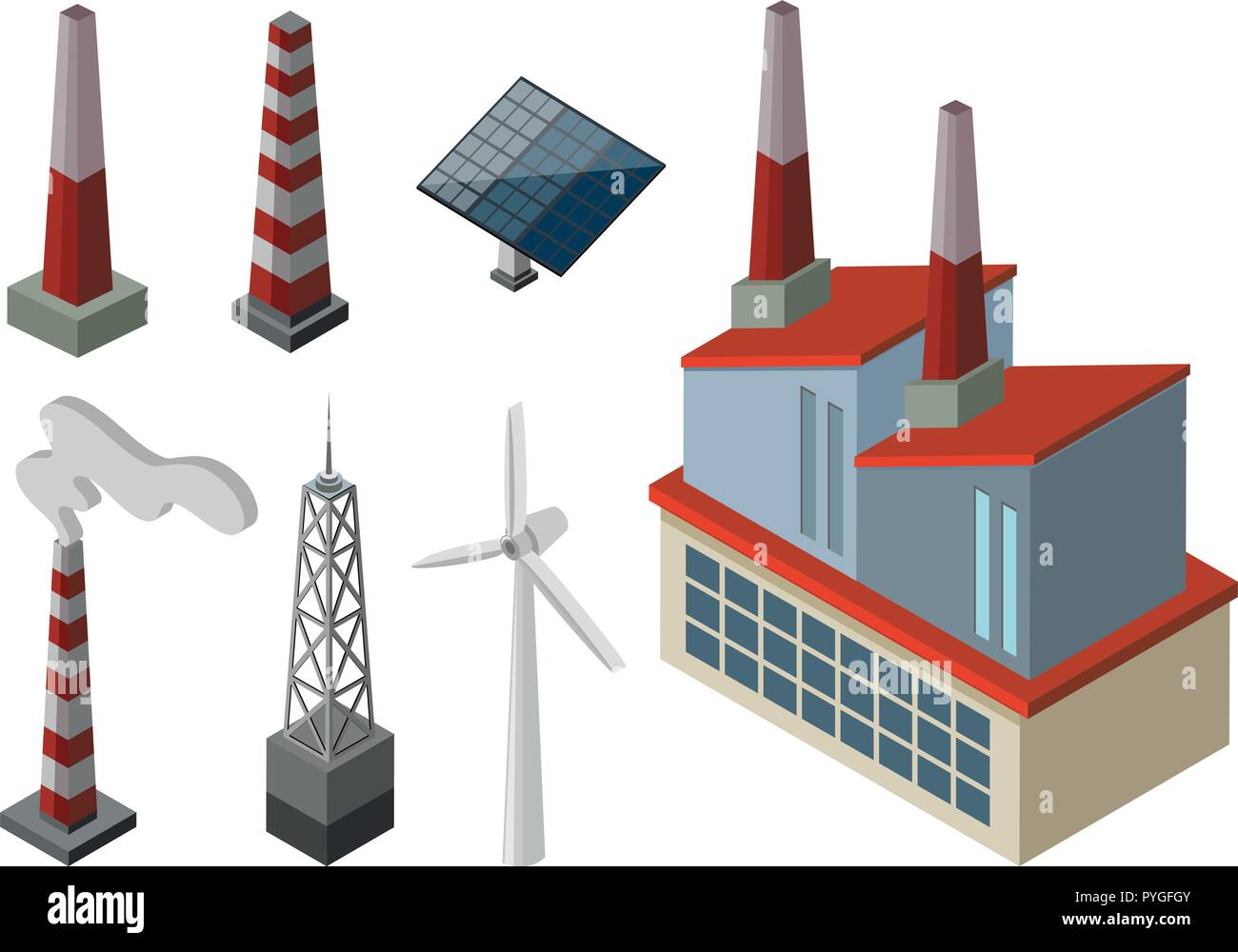 Power towers and wind turbines illustration Stock Vector