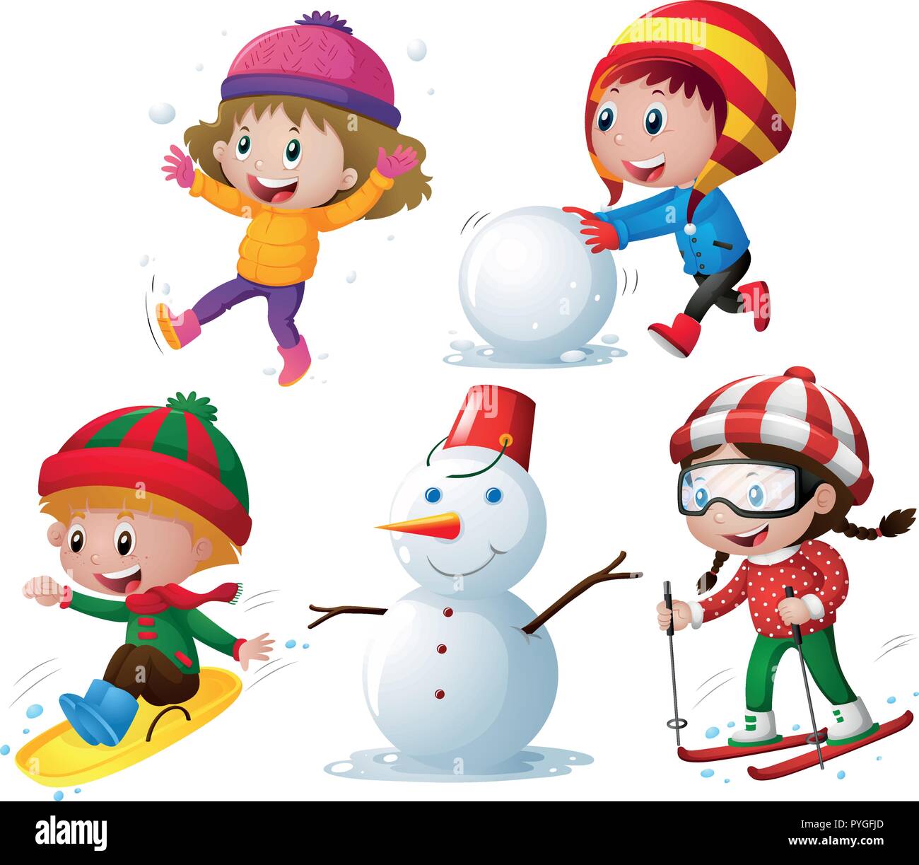 Children in winter clothes playing snow illustration Stock Vector