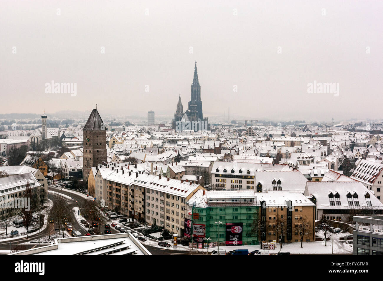 Snow winter view of Ulm from Maritim Hotel with the Ulm Minster,, Baden-Württemberg, Germany, Stock Photo