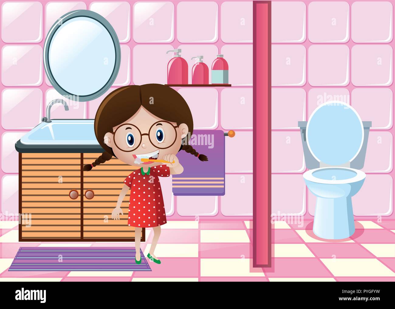 Little girl brushing teeth in bathroom illustration Stock Vector Image