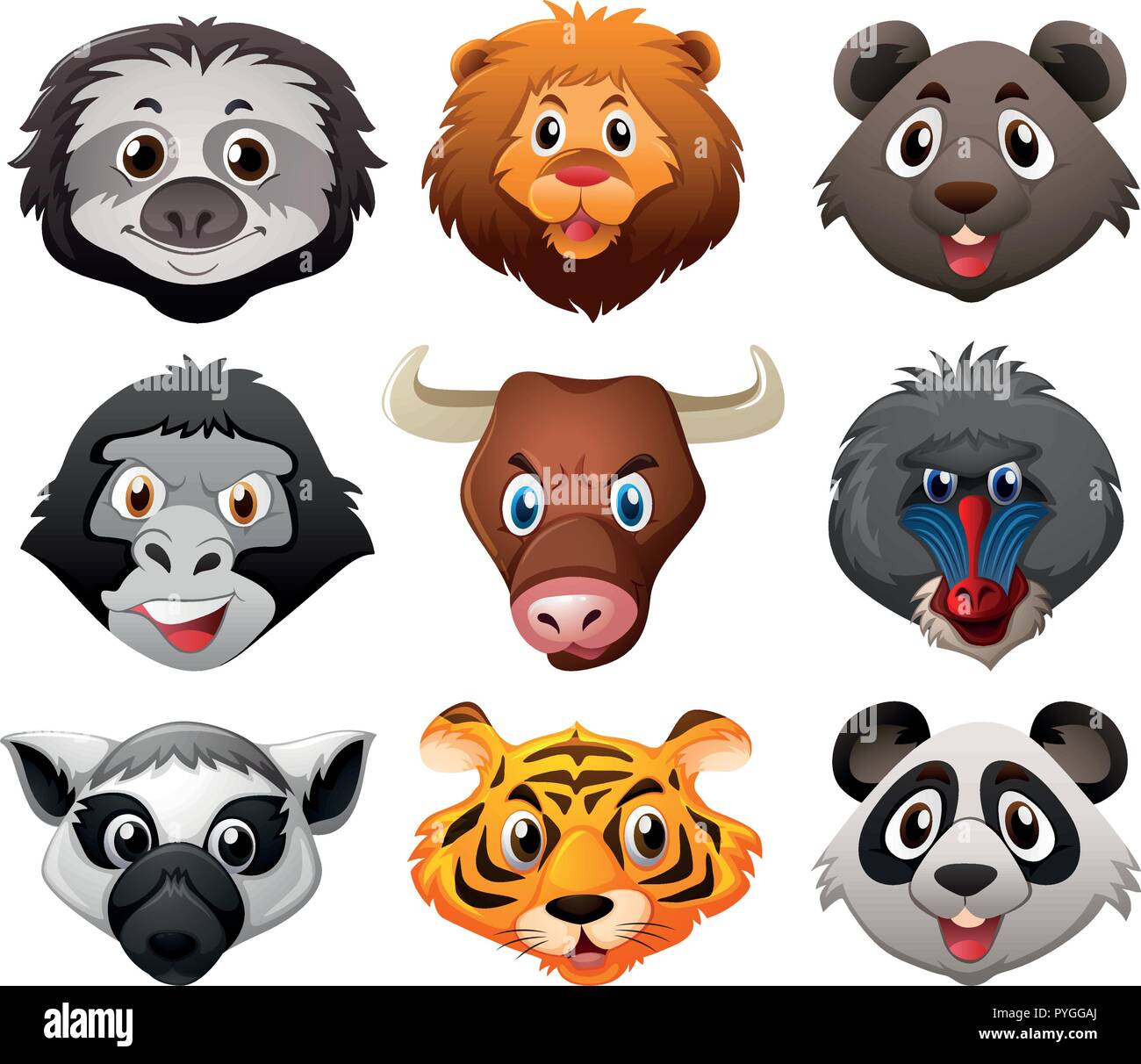 Set of cartoon animals heads clipart cartoon wild cute Animals head set character Vector Clipart Print face jungle emoji