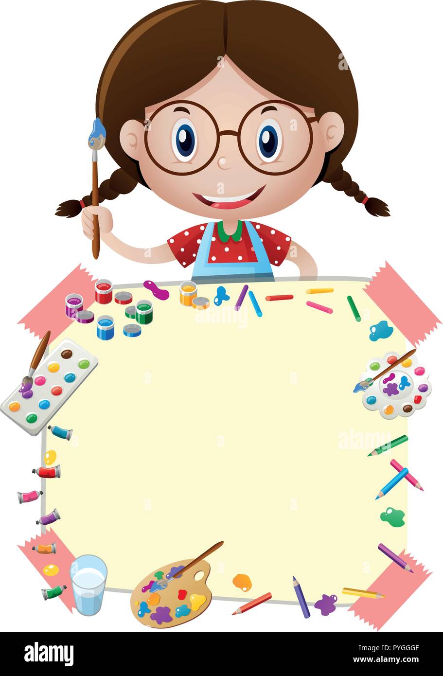 Border template with happy girl and artworks illustration Stock Vector ...