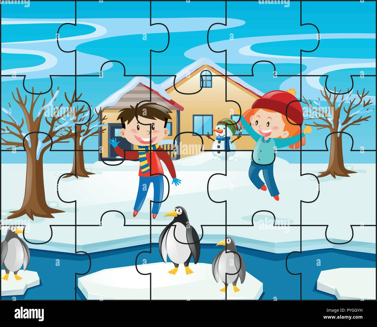 Jigsaw puzzle game with kids in park Royalty Free Vector