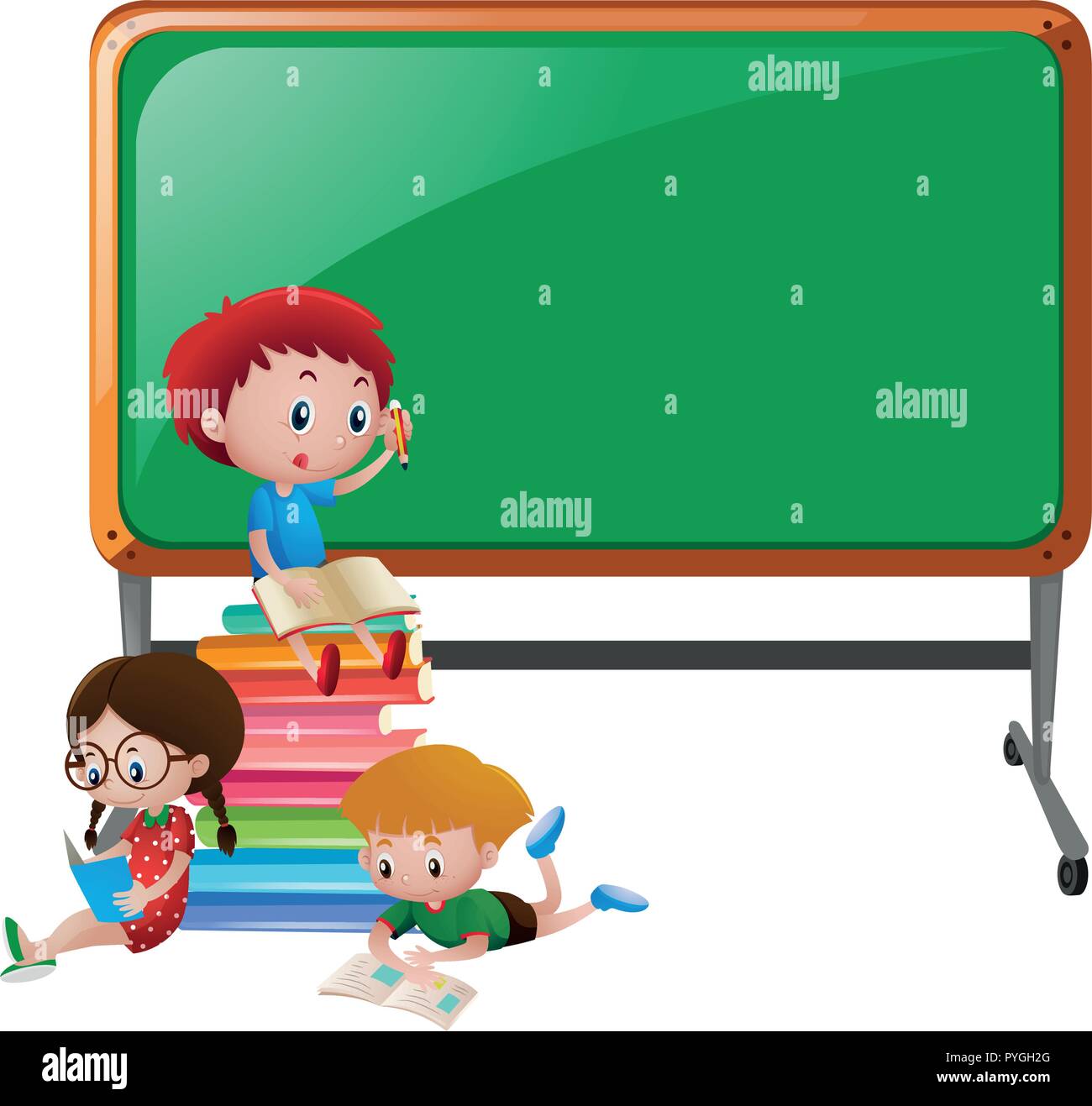 Board template with three kids reading and writing illustration Stock  Vector Image & Art - Alamy