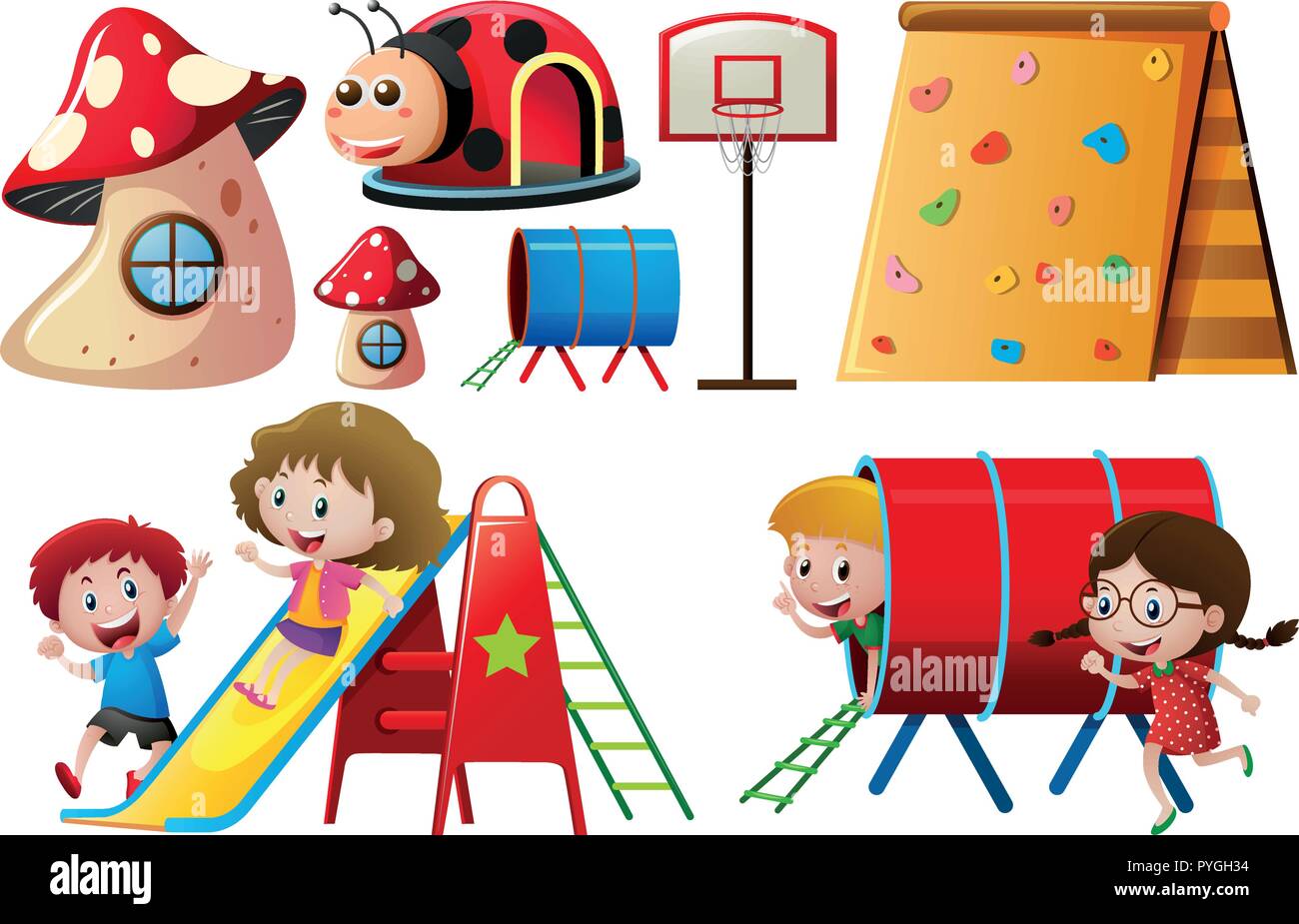 Children playing with slide and tunnel illustration Stock Vector Image