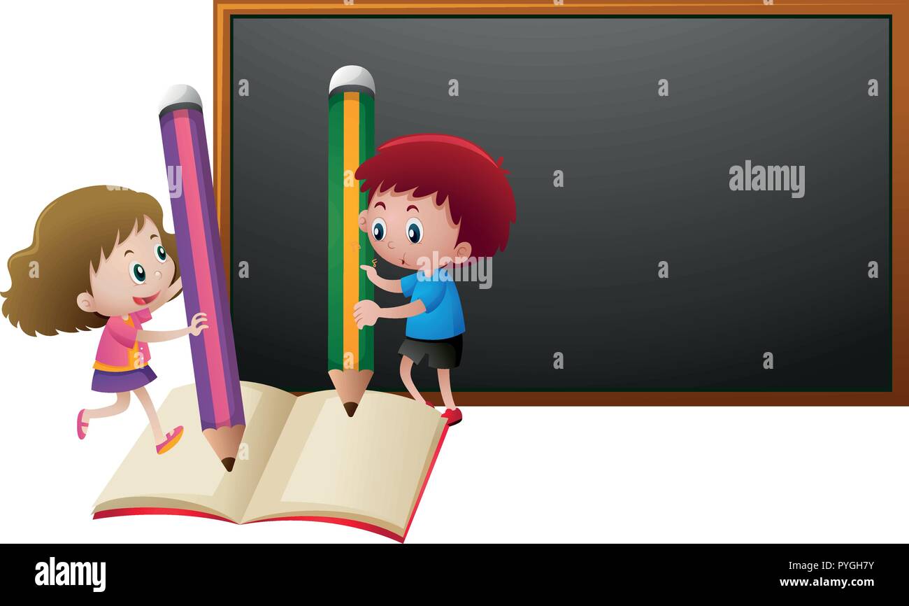 Board template with girl and boy writing on paper illustration Stock ...