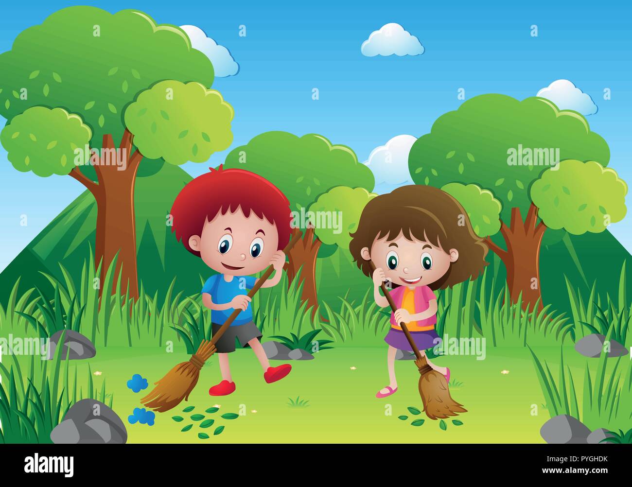 Two kids sweeping leaves in the park illustration Stock Vector Image ...