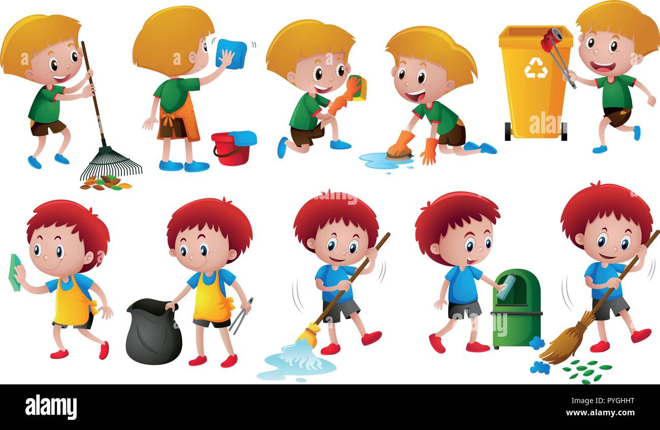 Boys doing different chores illustration Stock Vector