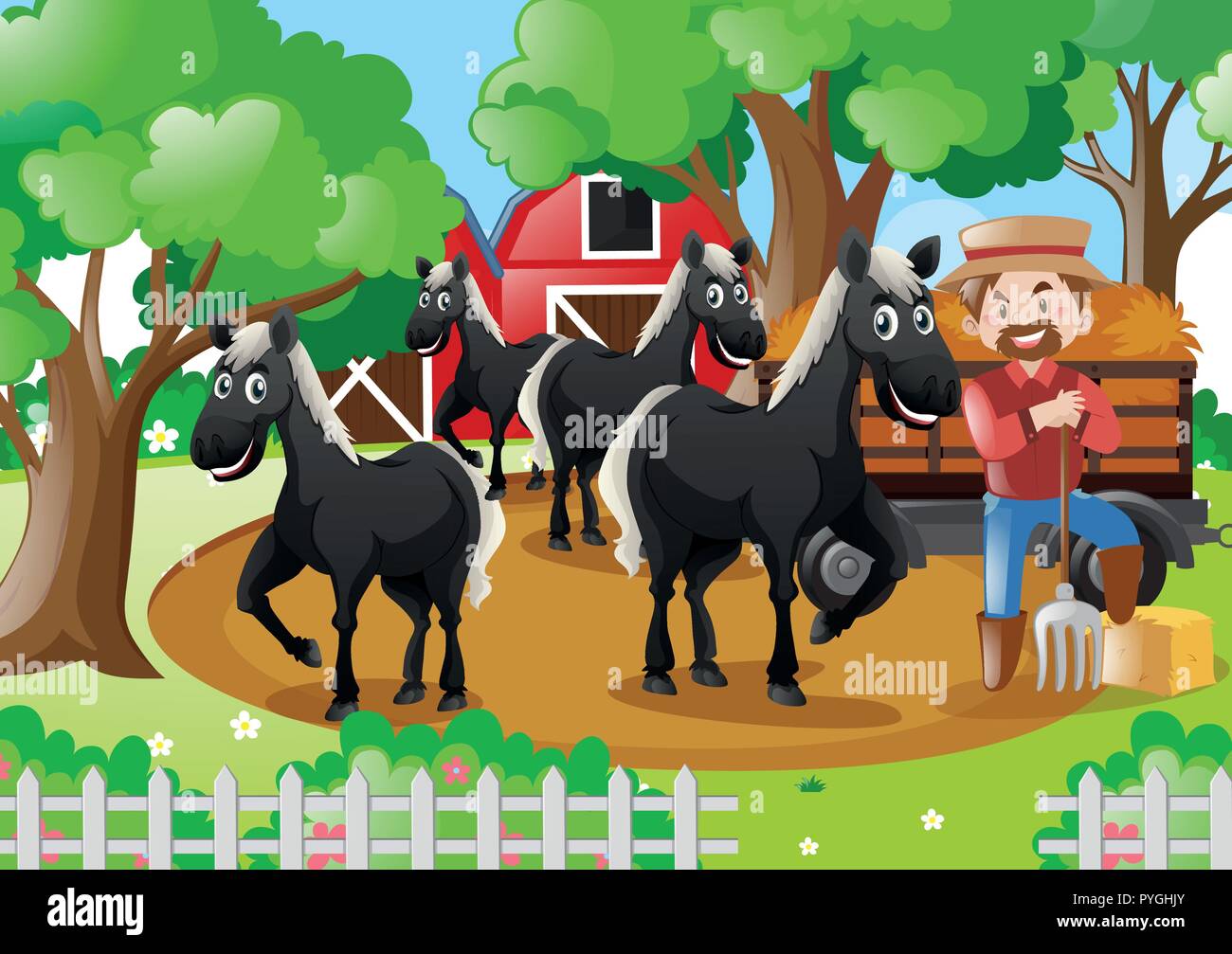 Farmer and black horses in the farmyard illustration Stock Vector Image ...