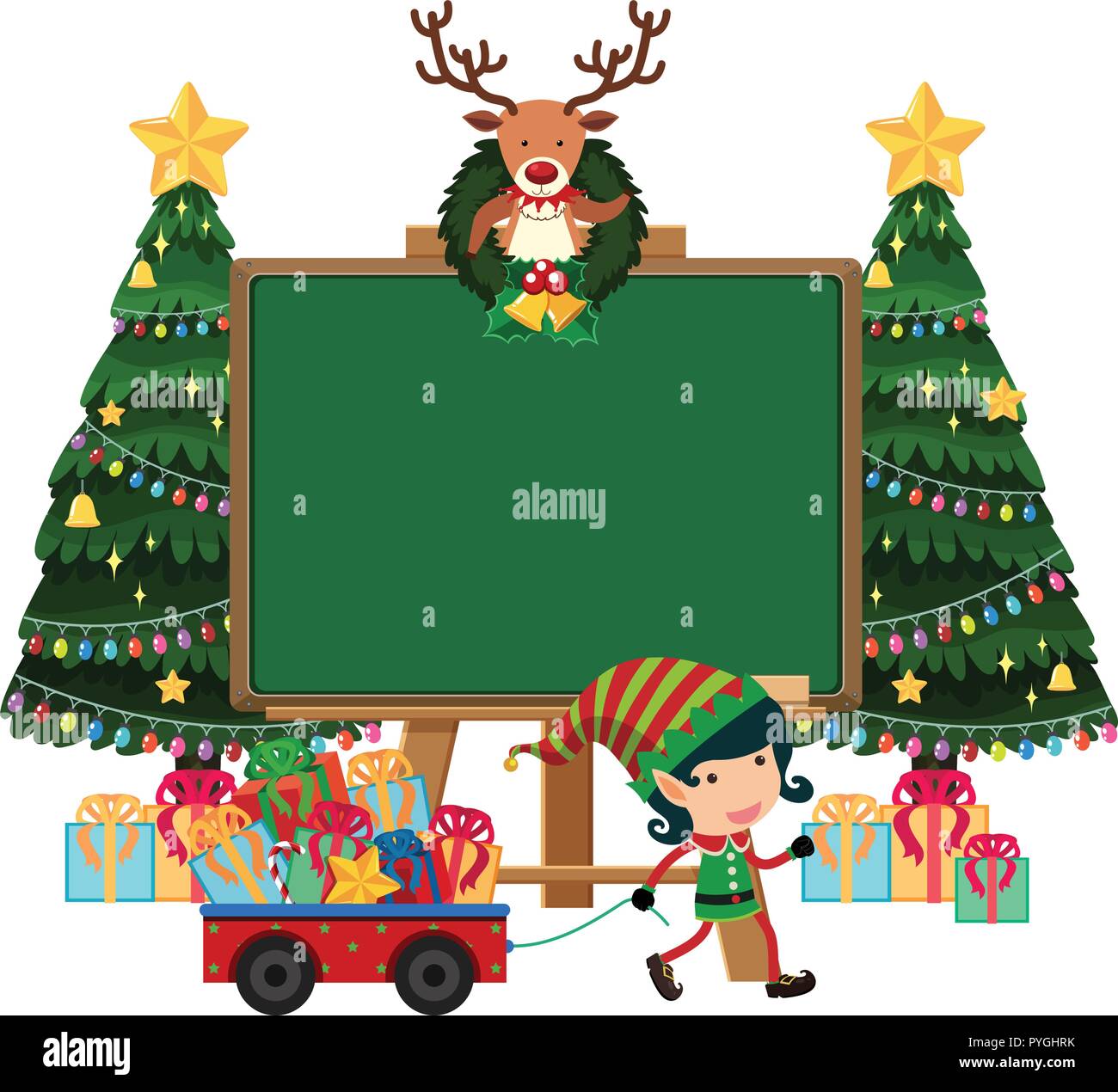Blank board with elf and lots of presents illustration Stock Vector ...
