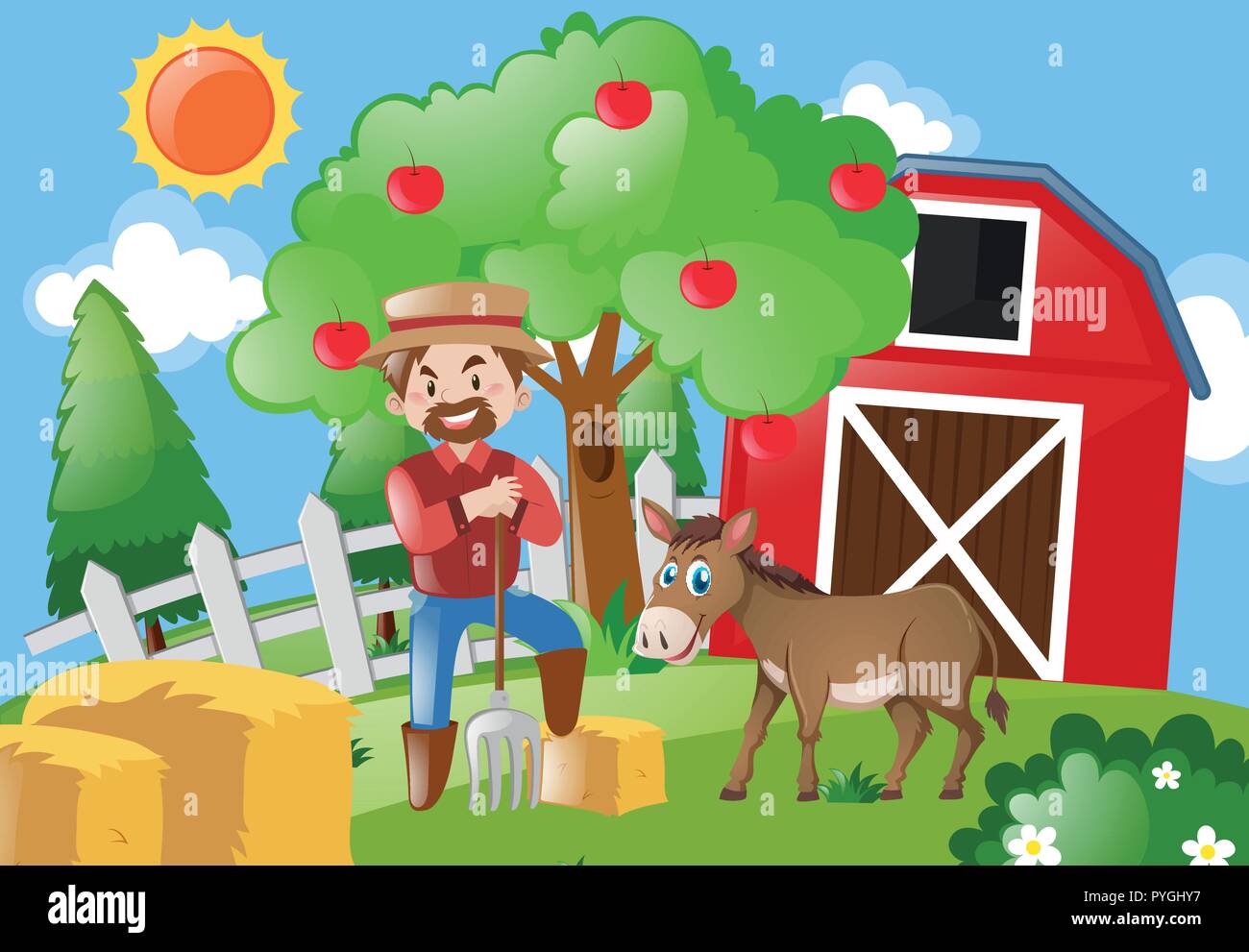 Farmer and donkey on the farmyard illustration Stock Vector Image & Art ...