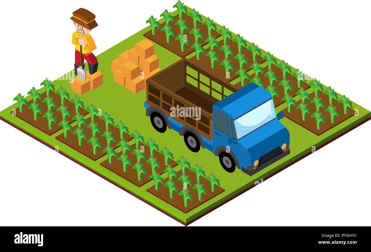 3D design for farmer and truck on farmyard illustration Stock Vector ...