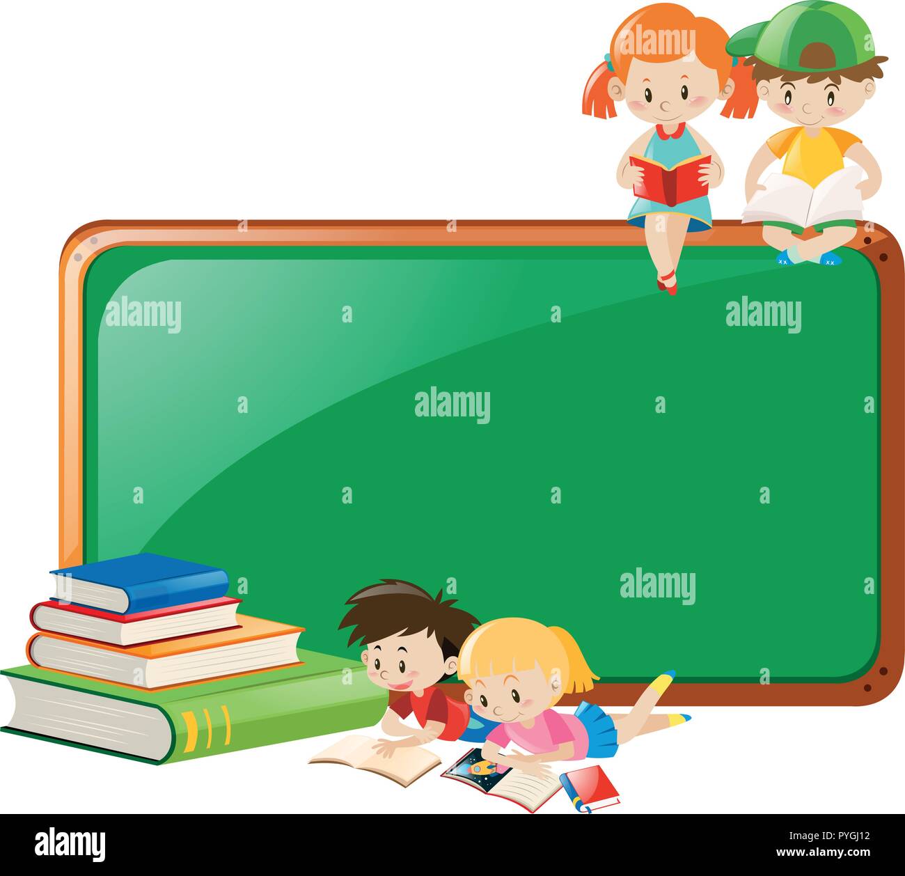 Border design with children reading books illustration Stock Vector