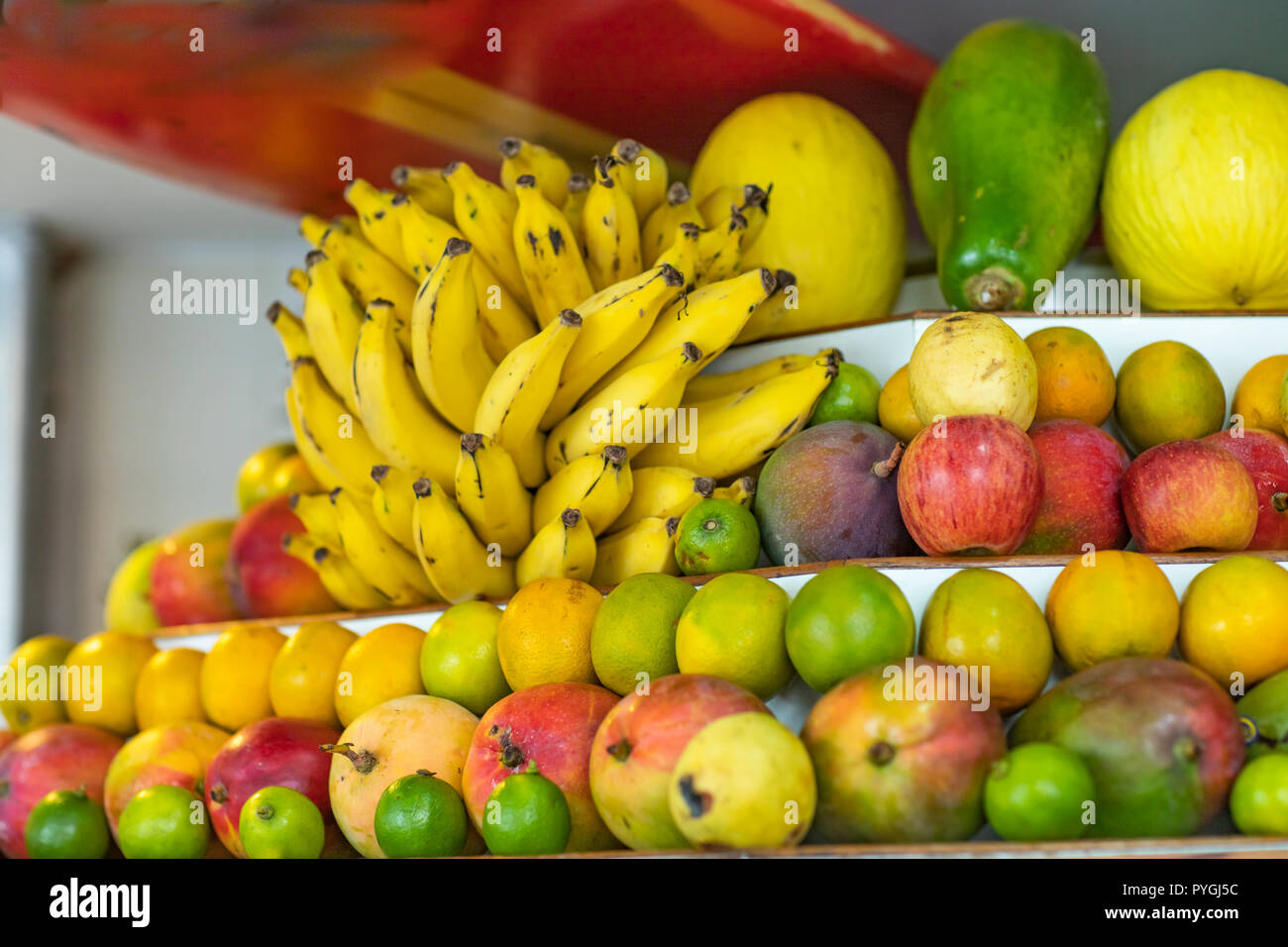 Fresh healthy fruits on shelves in supermarket Stock Photo Alamy