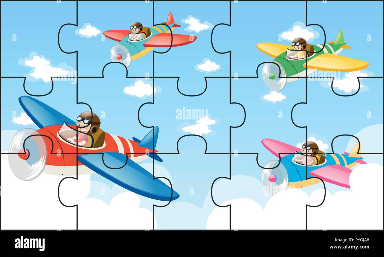 Jigsaw puzzle game with kids flying planes illustration Stock Vector