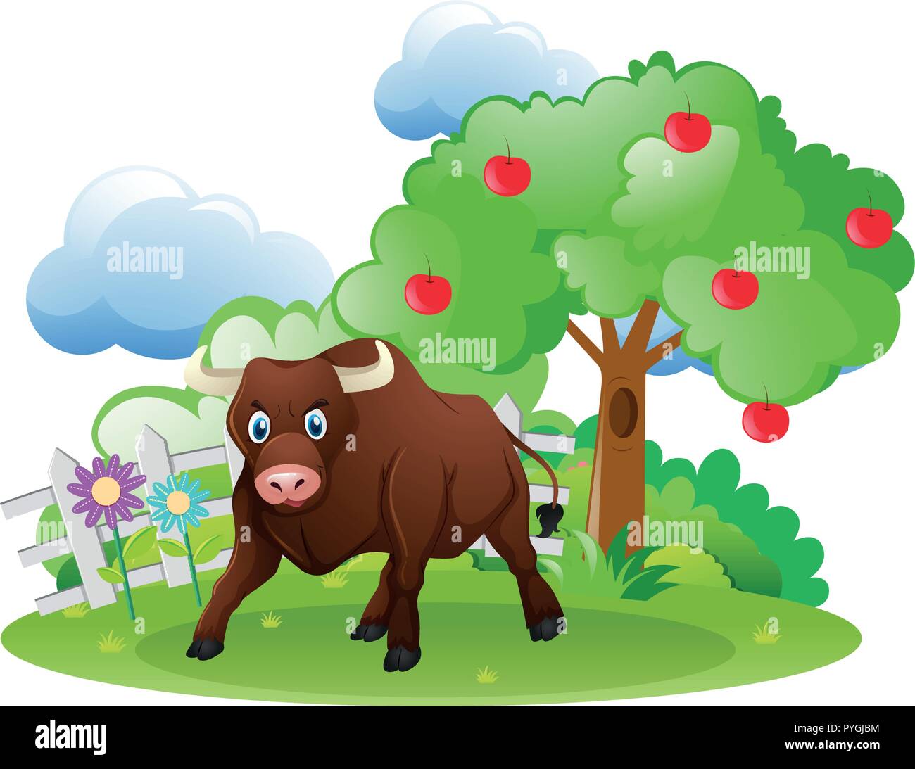 Bull standing in garden illustration Stock Vector
