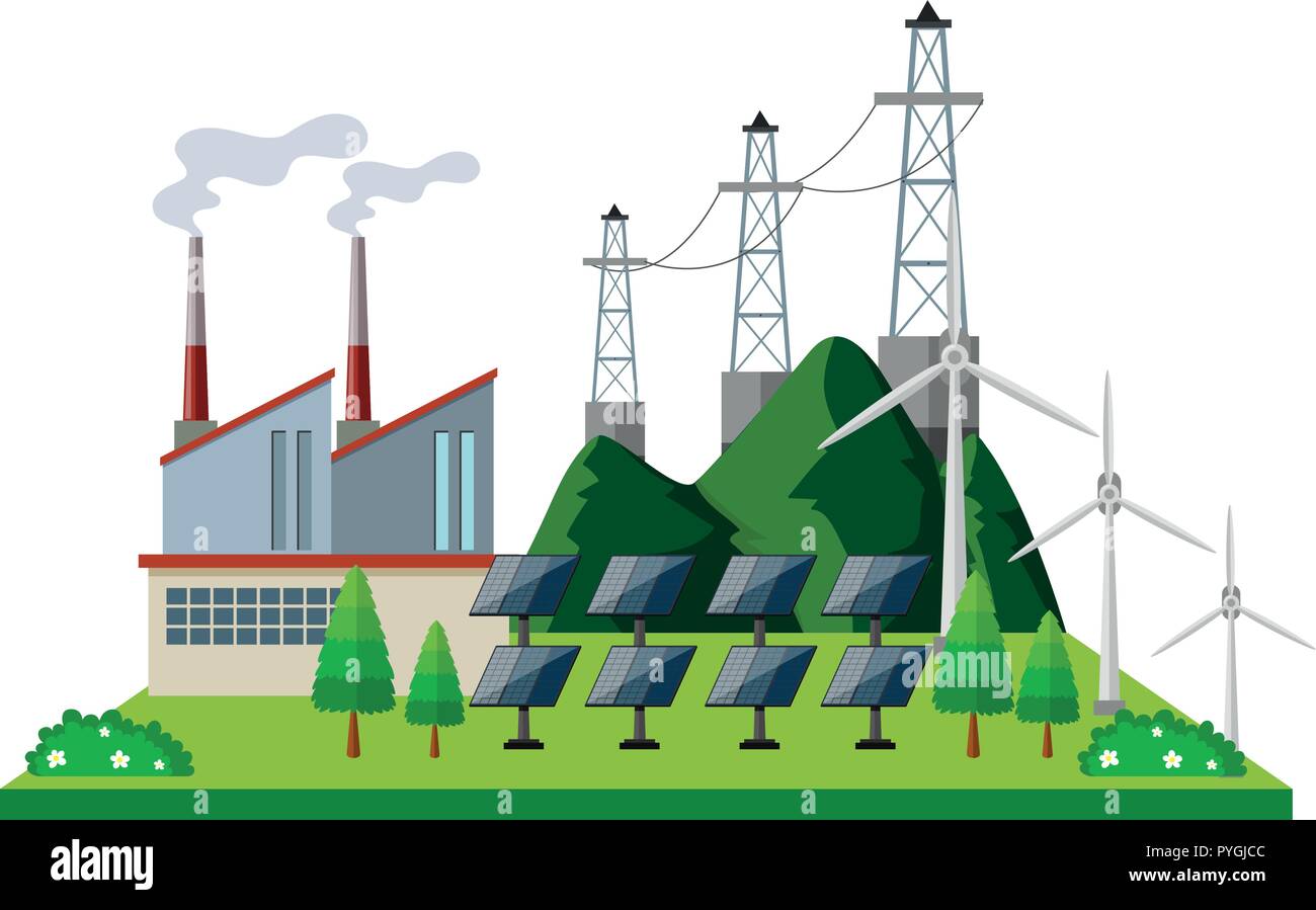 Power station with solar cell and turbines illustration Stock Vector ...