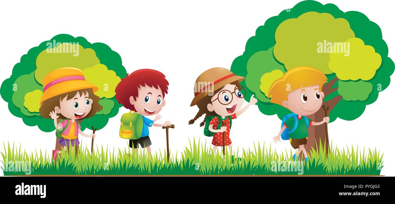 Kids hiking in the forest illustration Stock Vector Image & Art - Alamy