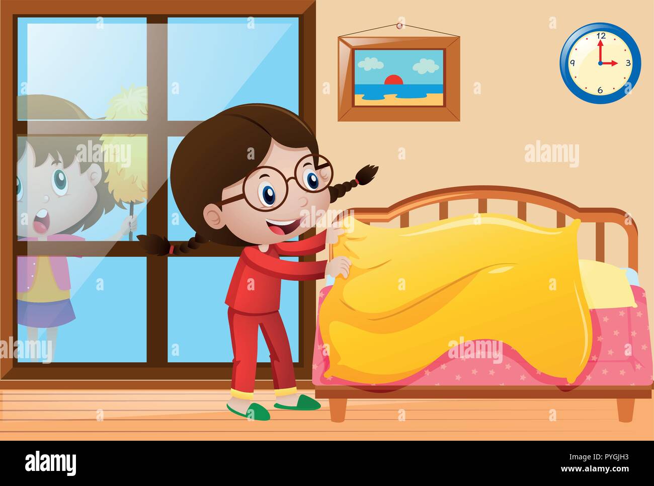 Девочка застилает кроватку. Девочка убирает постель. My bed is under the window. Cleaning boy in room. My bed is under the window.