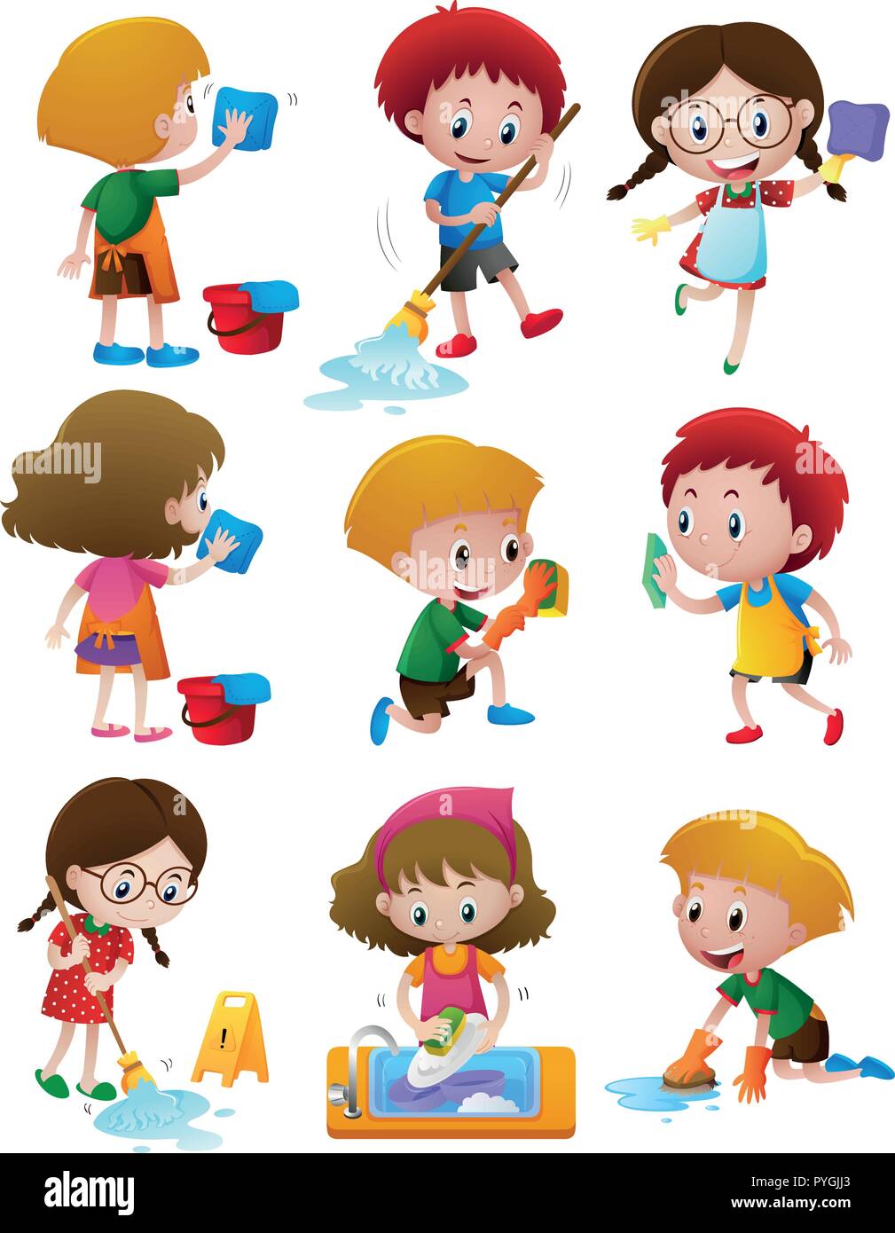 Boys and girls doing different chores illustration Stock Vector