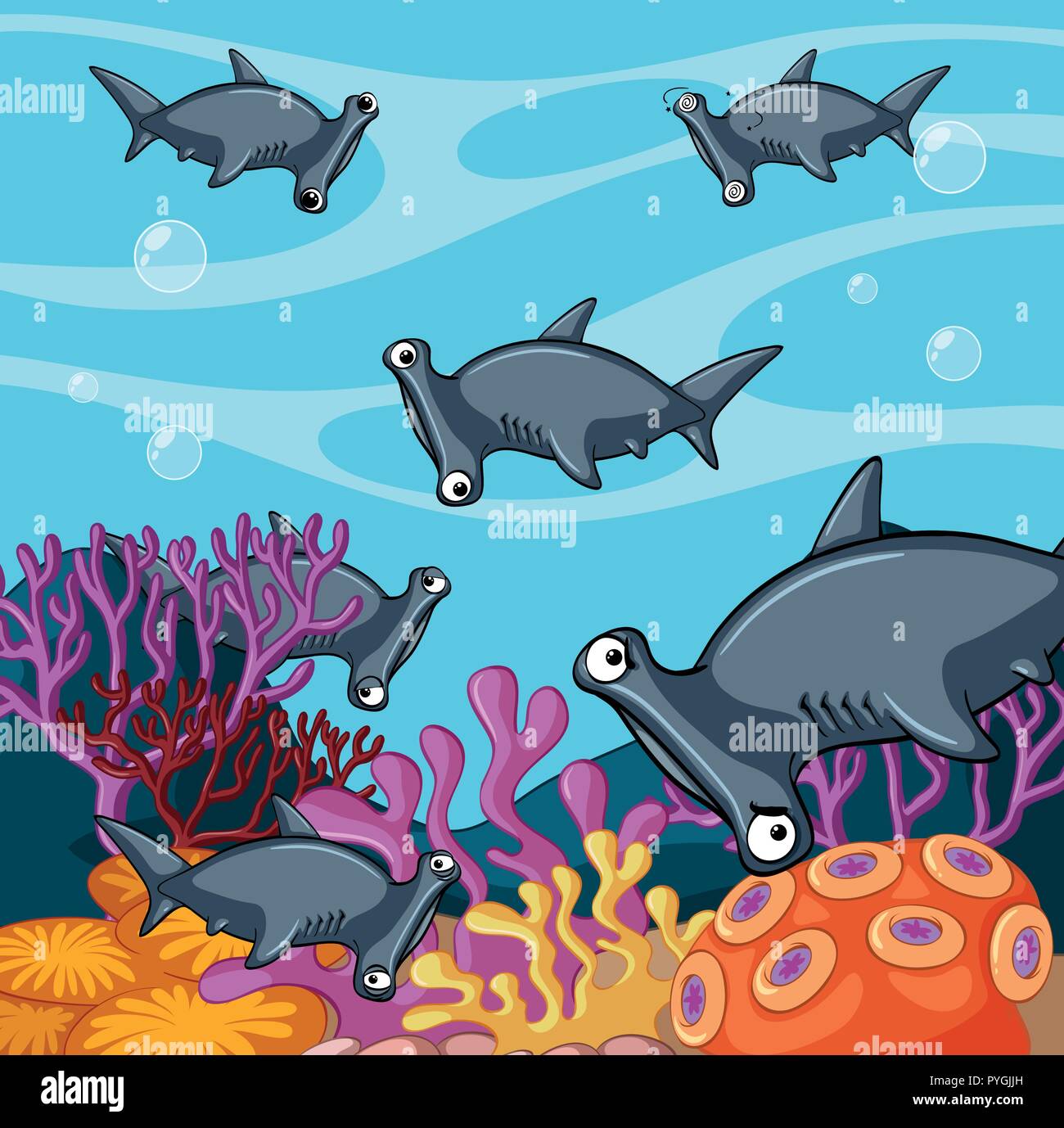 Scene with hammerhead sharks in the ocean illustration Stock Vector