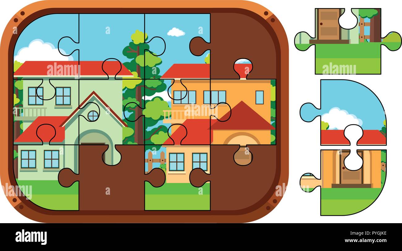Jigsaw puzzle game with two houses illustration Stock Vector Image