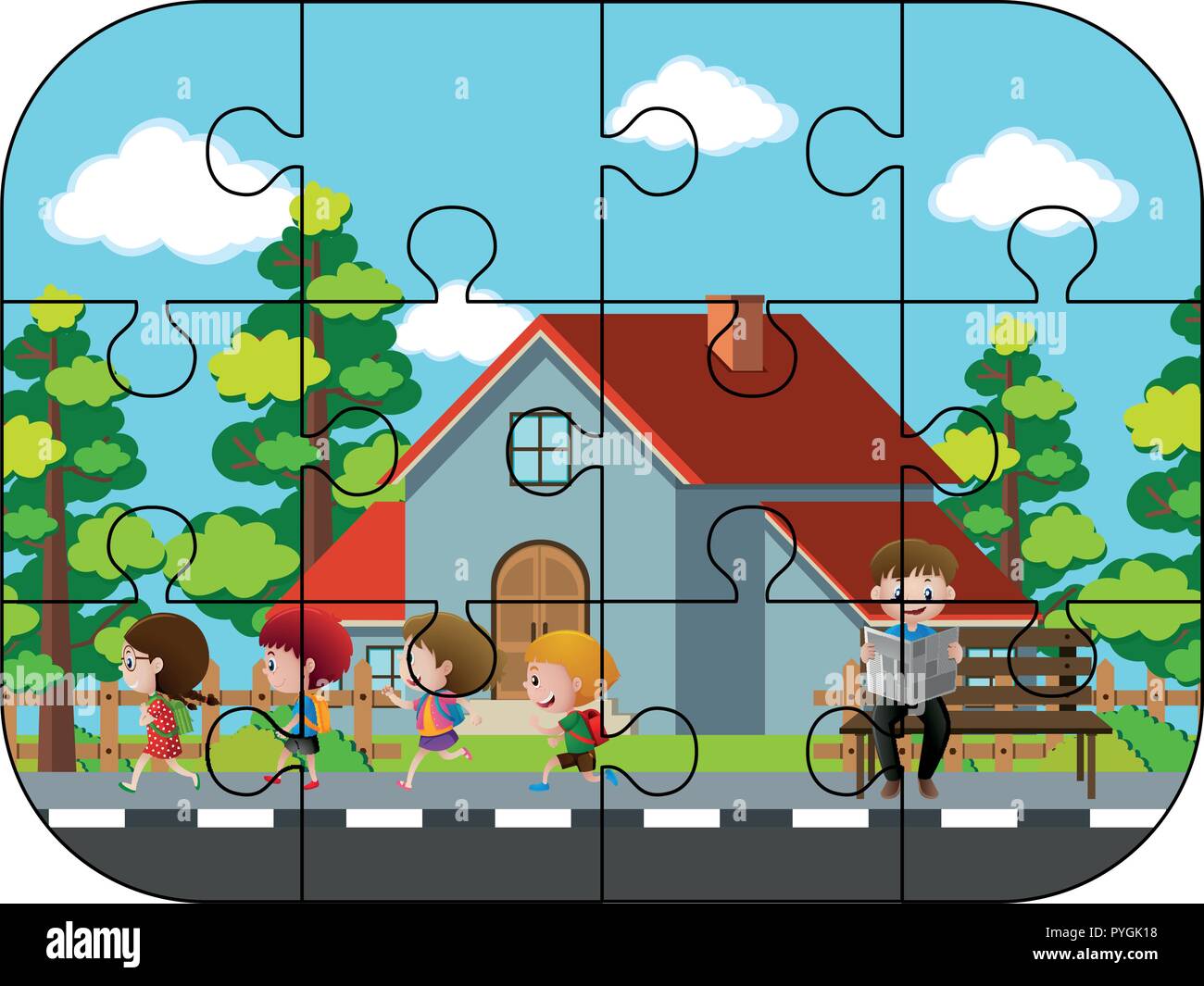 Jigsaw puzzle game with kids walking in park Vector Image