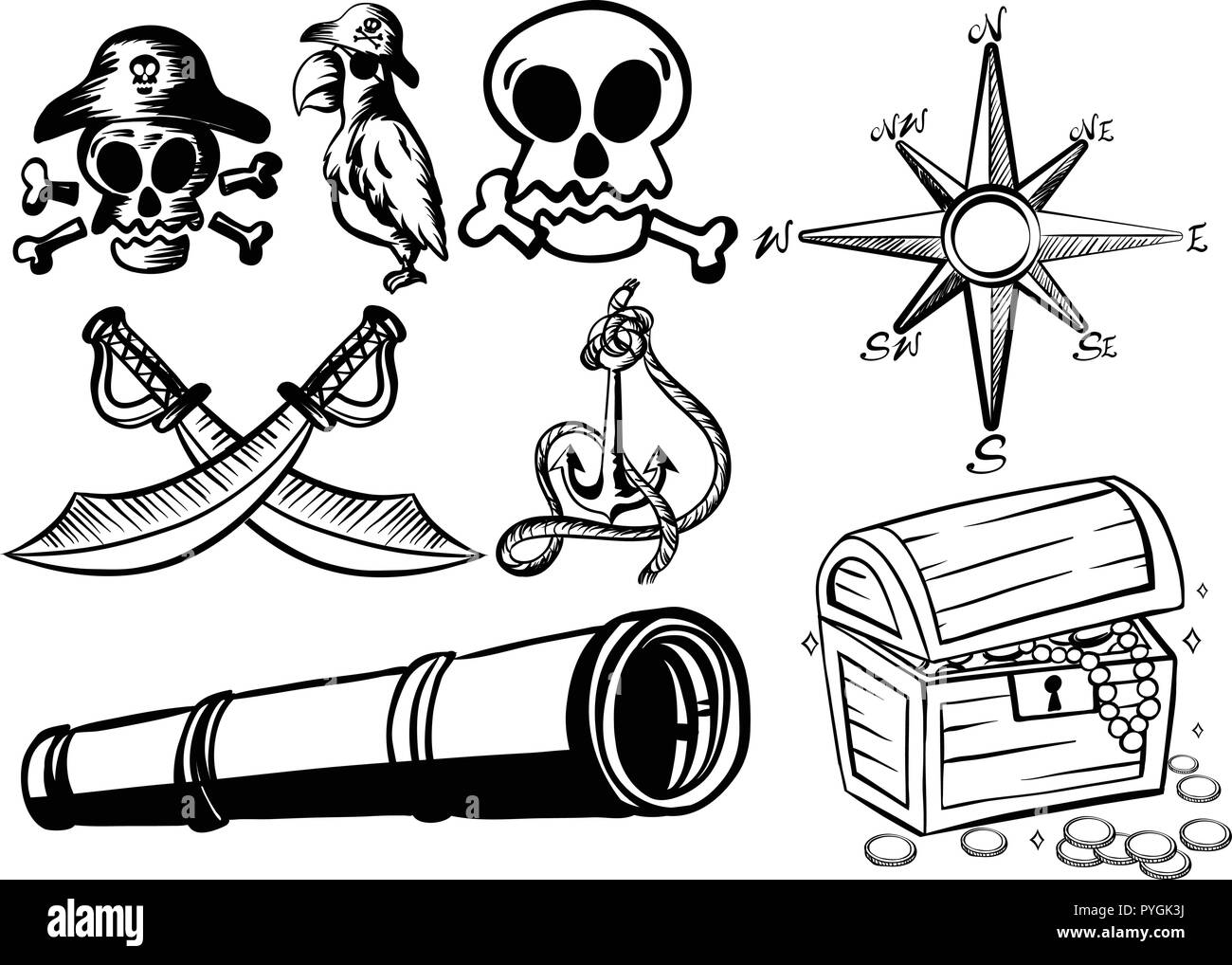 Pirate Elements In Black Outline Illustration Stock Vector Image & Art 