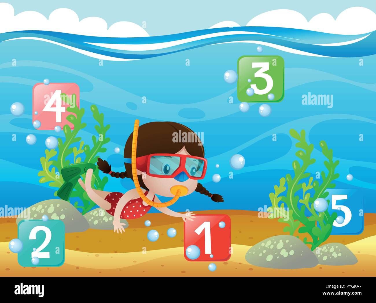 Counting numbers with girl diving underwater illustration Stock Vector