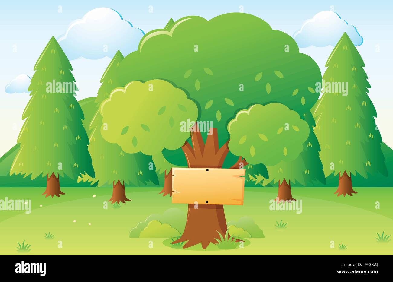 Park scene with wooden sign on big tree illustration Stock Vector Image ...