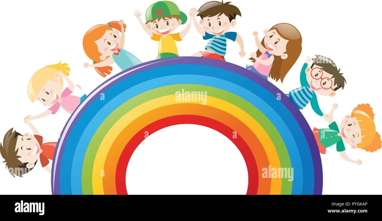 Happy children on colorful rainbow illustration Stock Vector Image ...