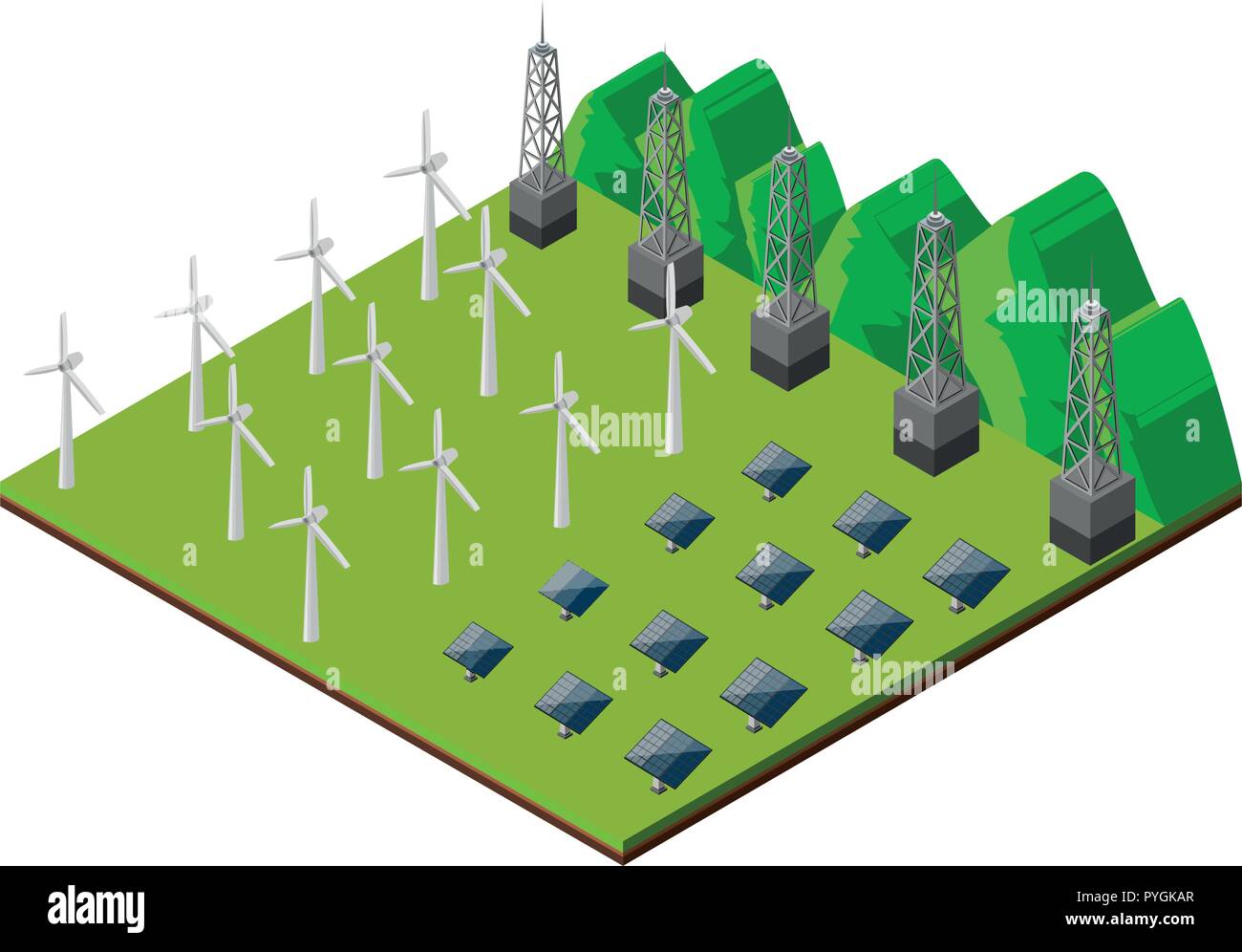 Wind turbines and solar cells in the field illustration Stock Vector ...