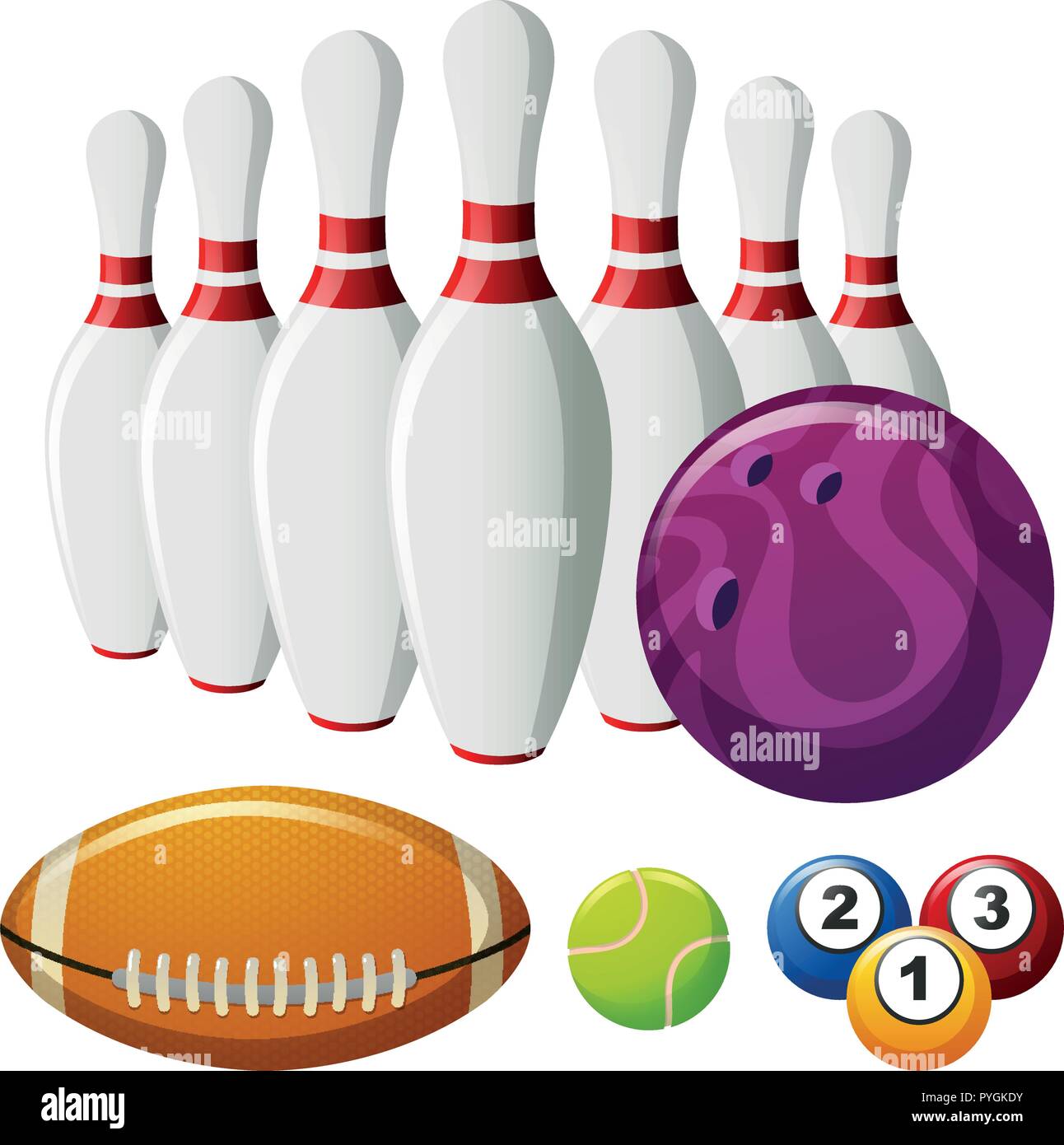 Bowling pins and different types of balls illustration Stock Vector