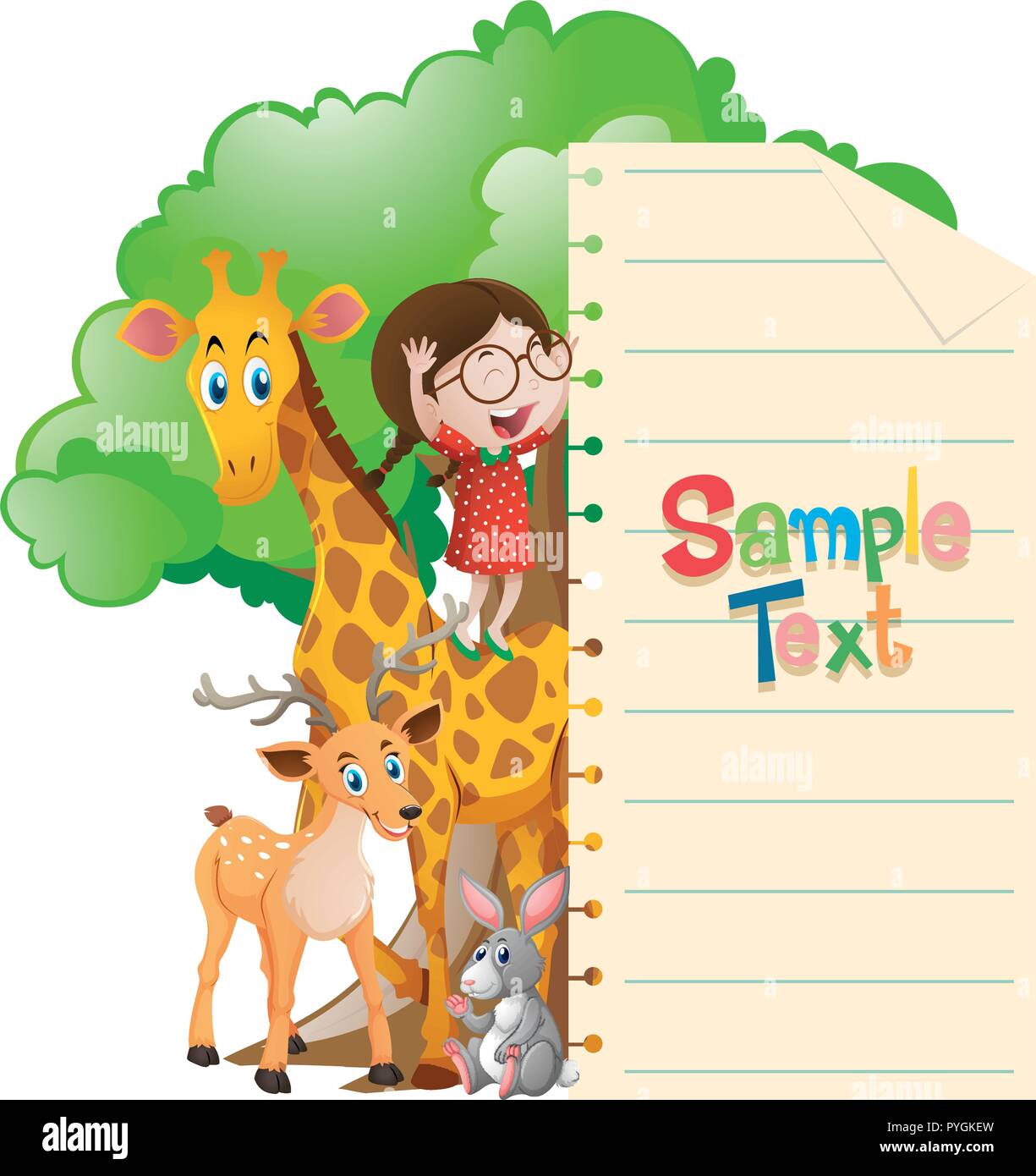 Paper template with girl and wild animals illustration Stock Vector ...