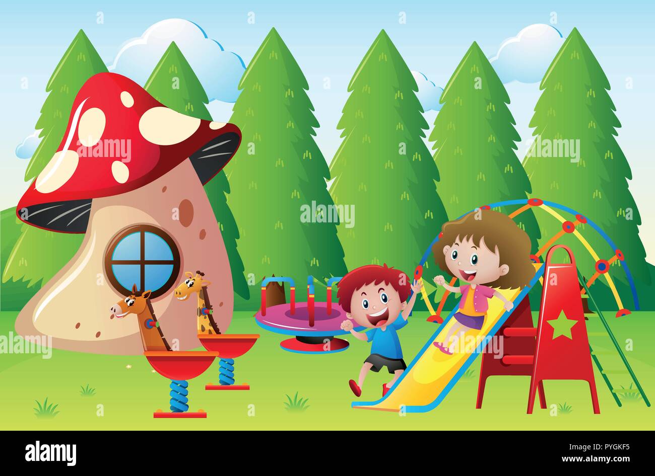 Two kids playing slide in the park illustration Stock Vector Image ...