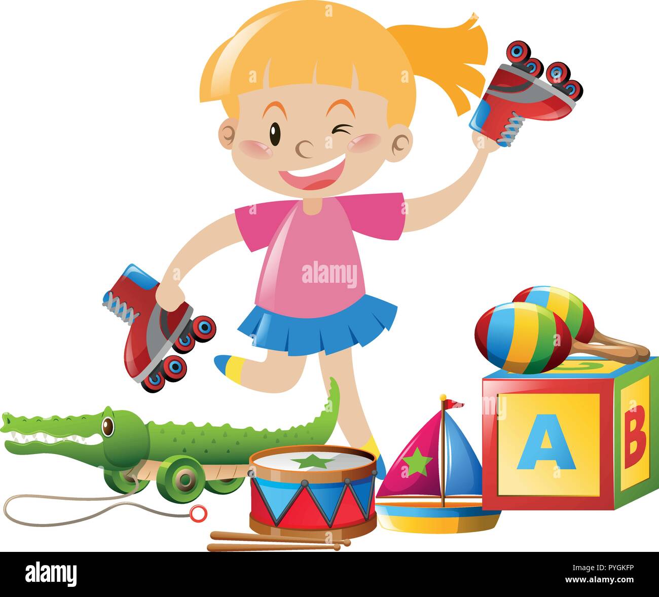Girl and many toys on the floor illustration Stock Vector Image & Art ...