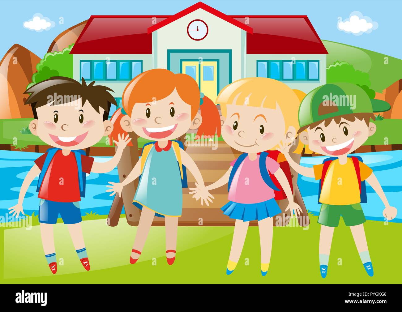 Happy children standing on grass illustration Stock Vector Image & Art ...