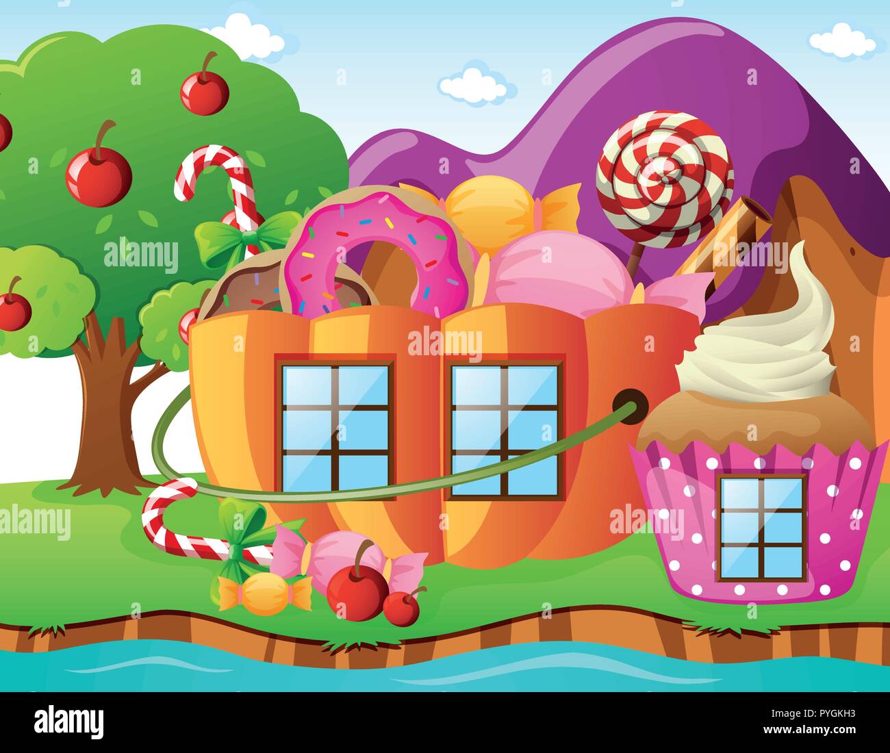 Fantacy world with candy house and river illustration Stock Vector