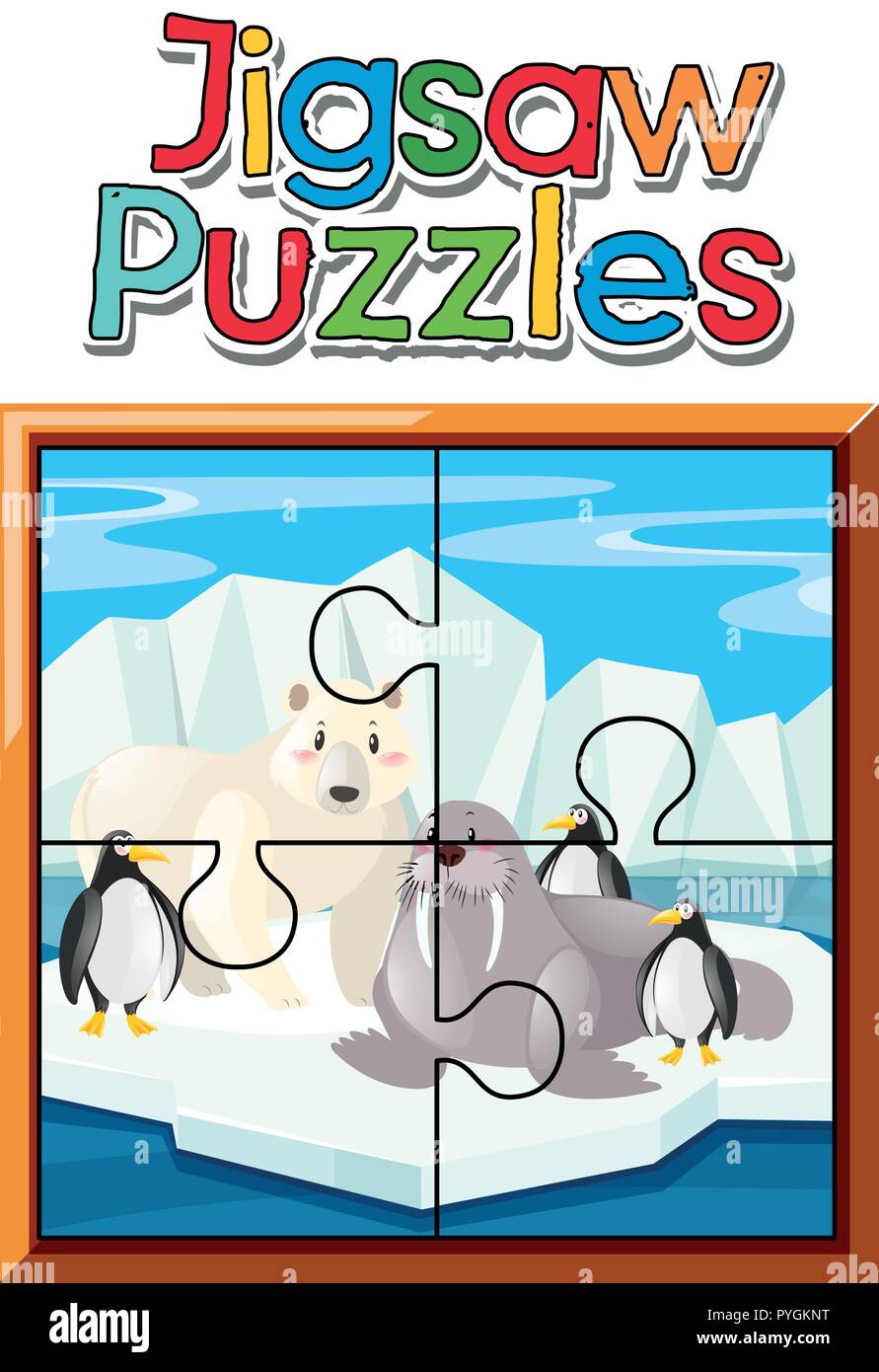 Jigsaw puzzle pieces of animals in northpole illustration Stock Vector