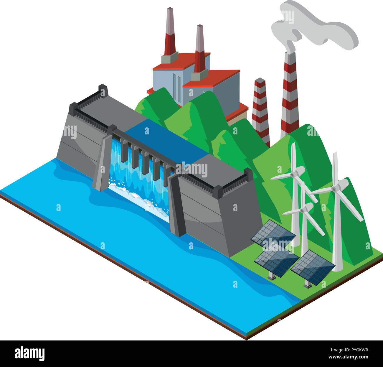 Dam and power plant near the lake illustration Stock Vector