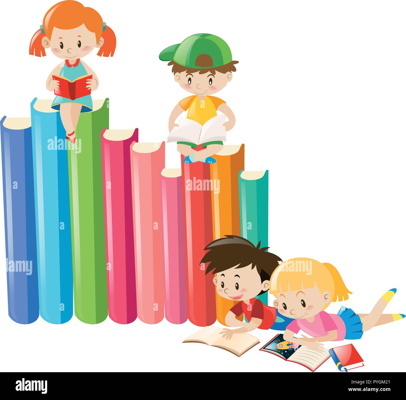 Four children reading books illustration Stock Vector Image & Art - Alamy