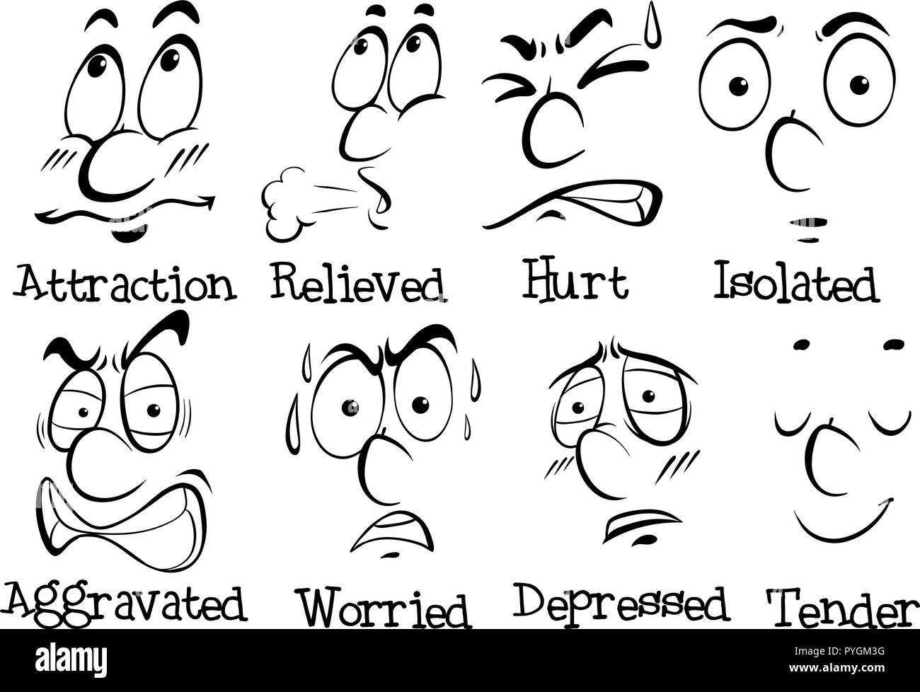 Different facial expressions with words illustration Stock Vector Image