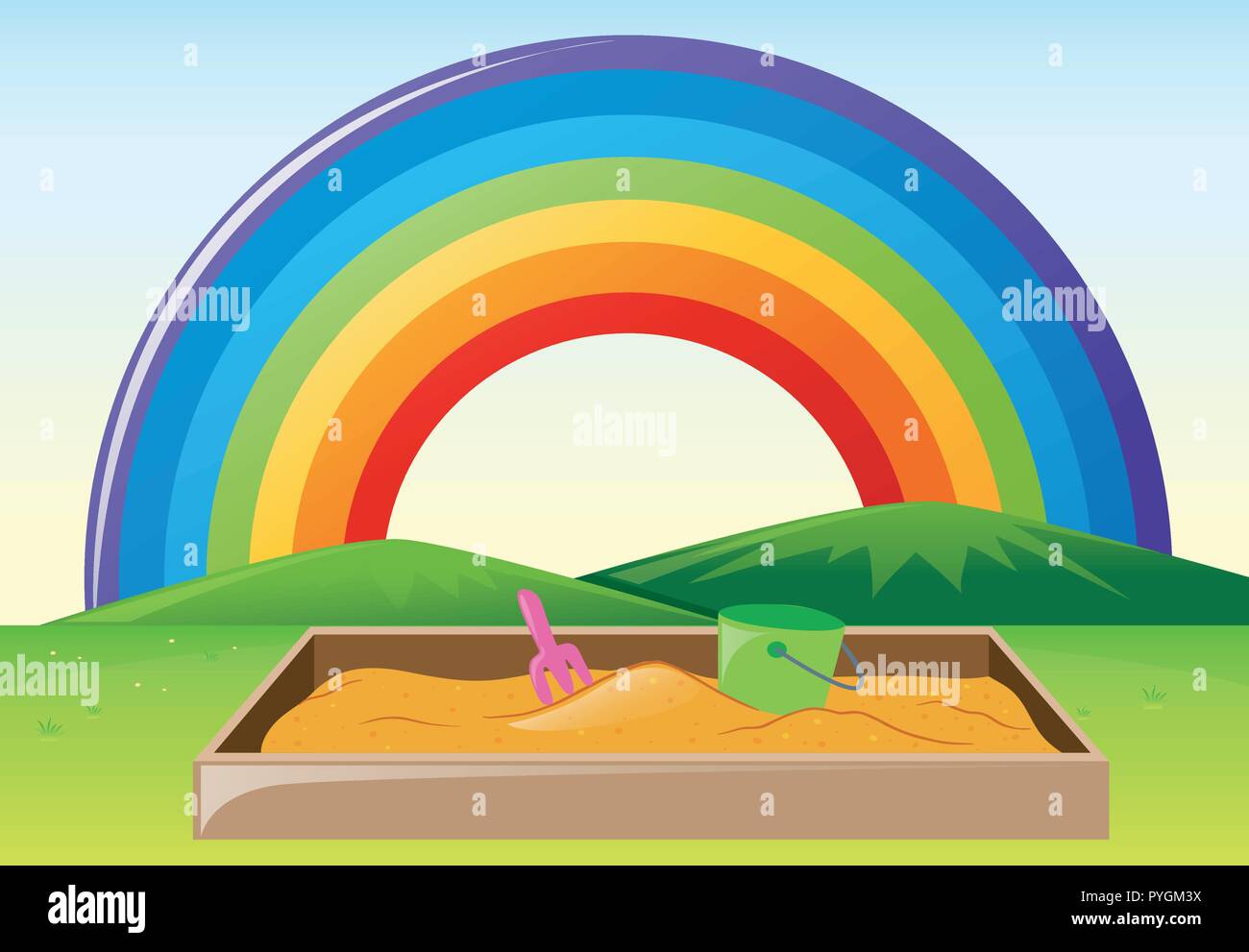 Park scene with sandpit and rainbow illustration Stock Vector