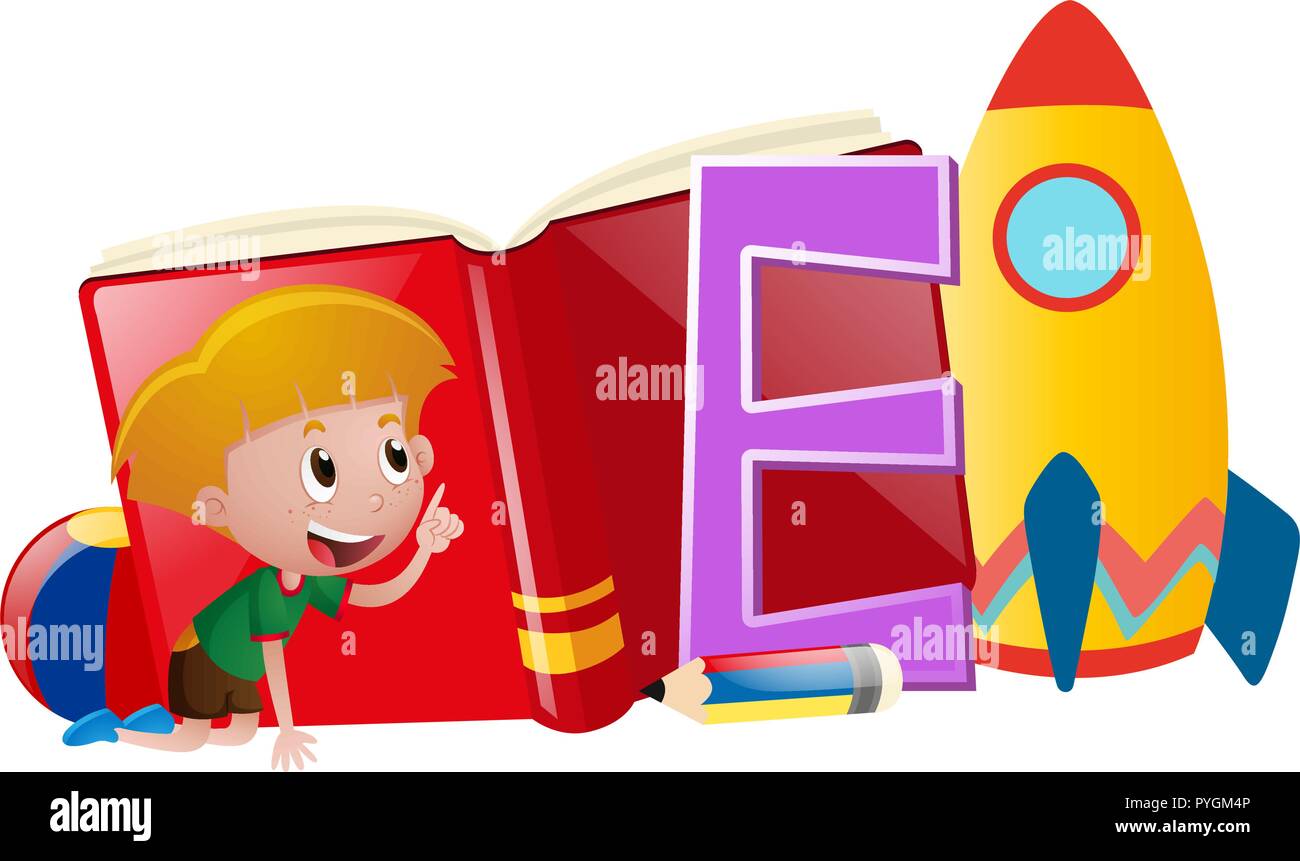 Little boy and big letter E illustration Stock Vector