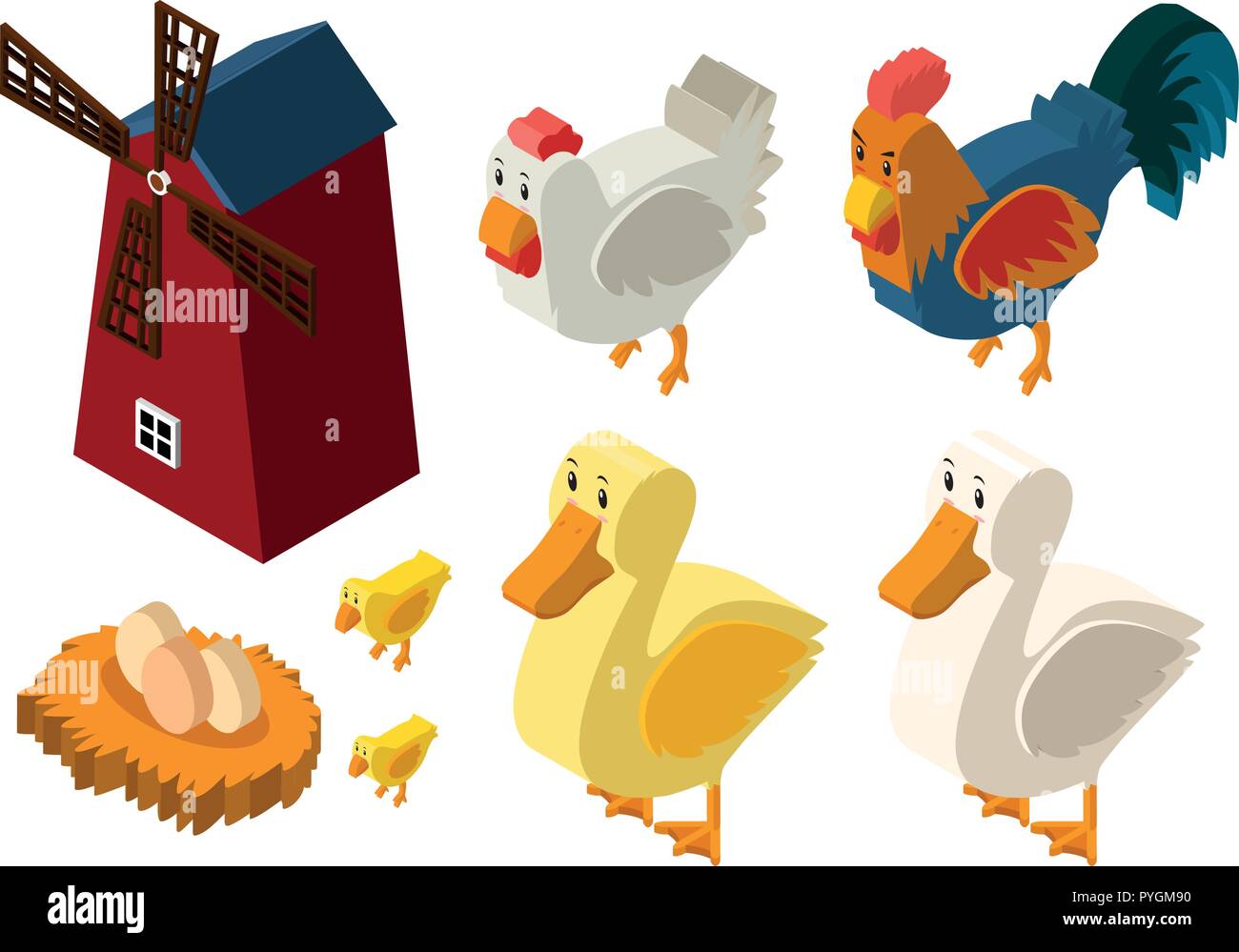 3D design for windmill and chickens illustration Stock Vector