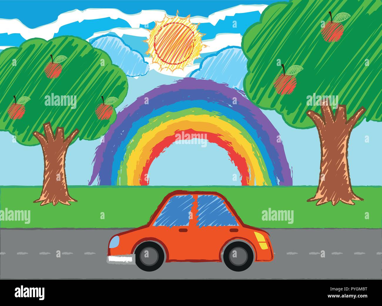 Scene With Red Car On The Road Illustration Stock Vector Image Art