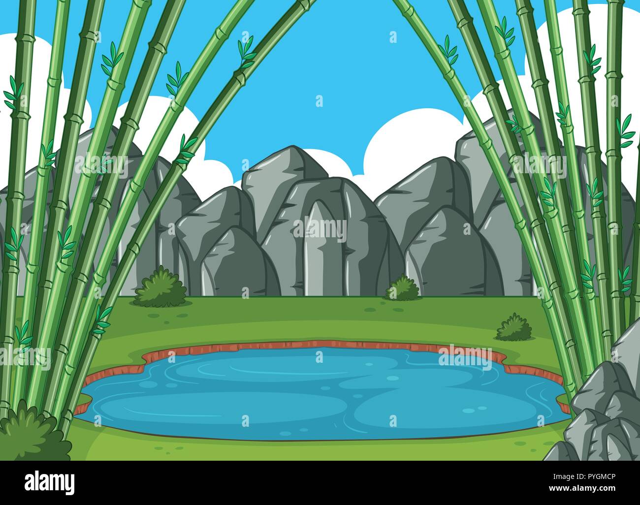 Scene with bamboo trees by the pond illustration Stock Vector Image ...